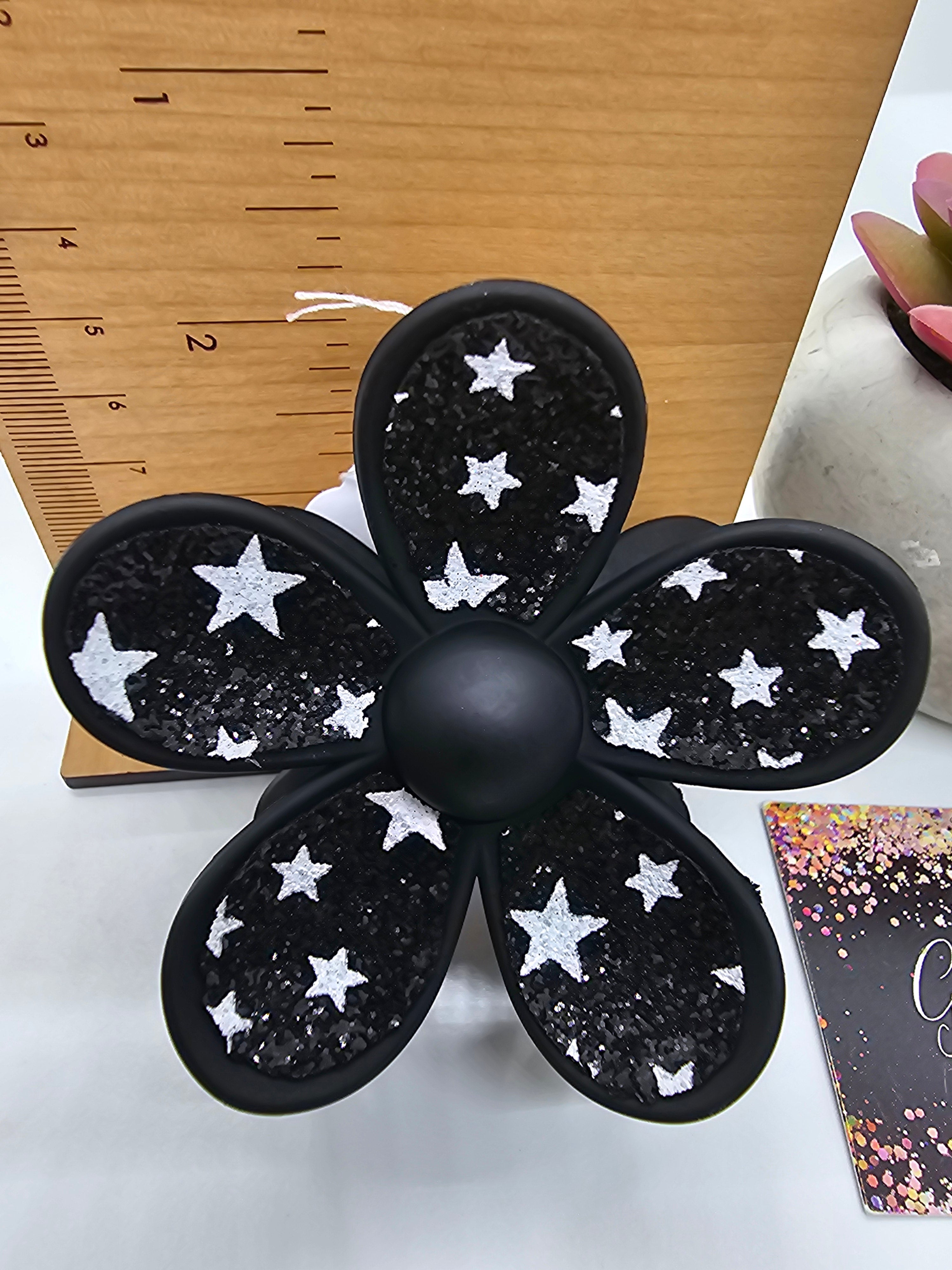 2633 Black Sparkly Stars Leather Hair Claw Clip