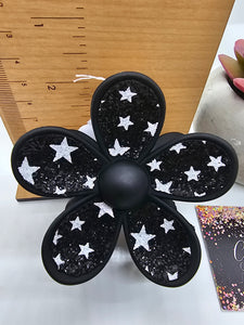 2633 Black Sparkly Stars Leather Hair Claw Clip