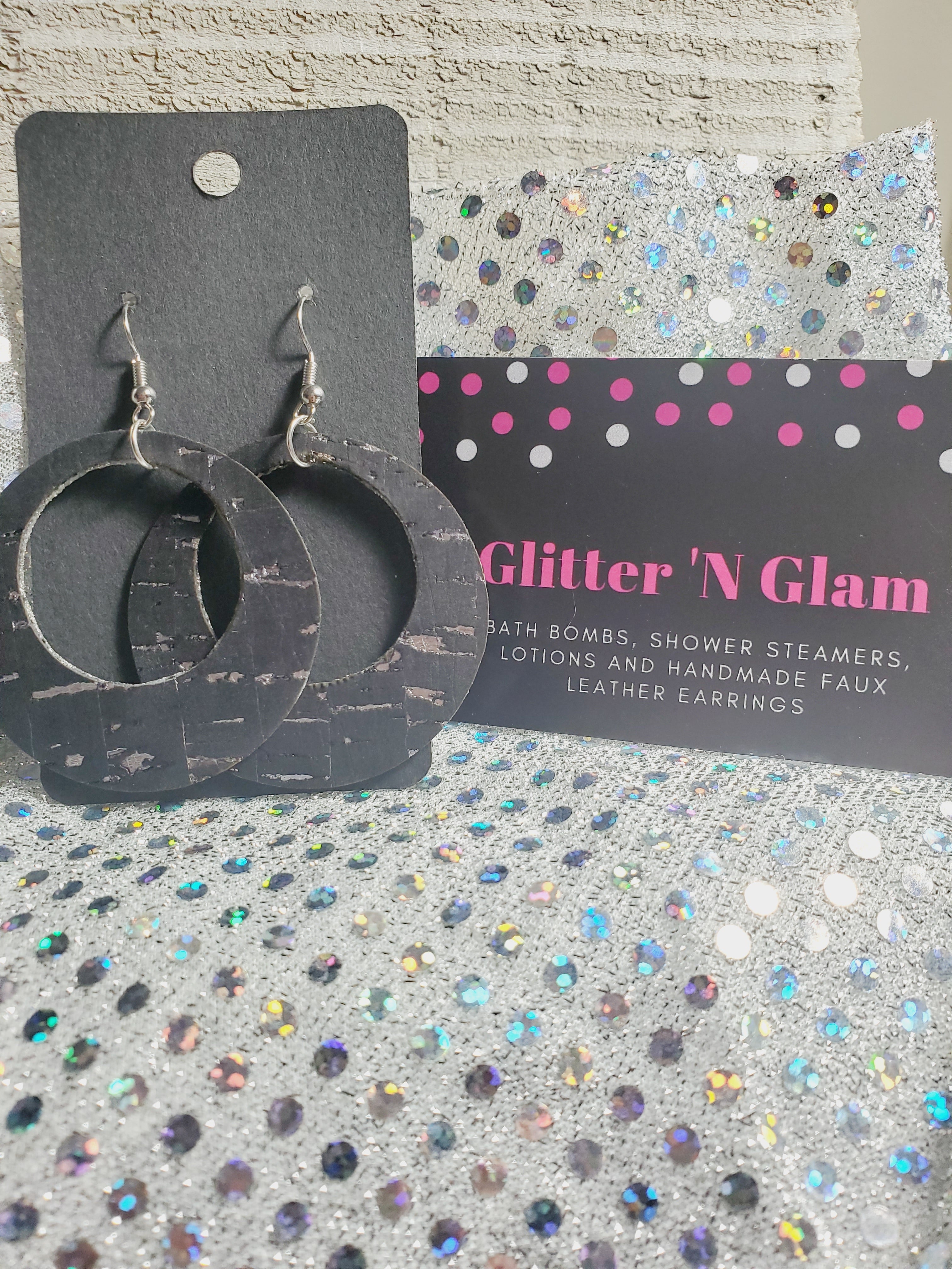 410 Black with Silver Specs Leather Open Circles On Cork Dangle Earrings