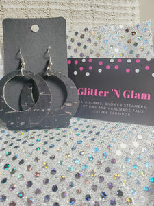 410 Black with Silver Specs Leather Open Circles On Cork Dangle Earrings