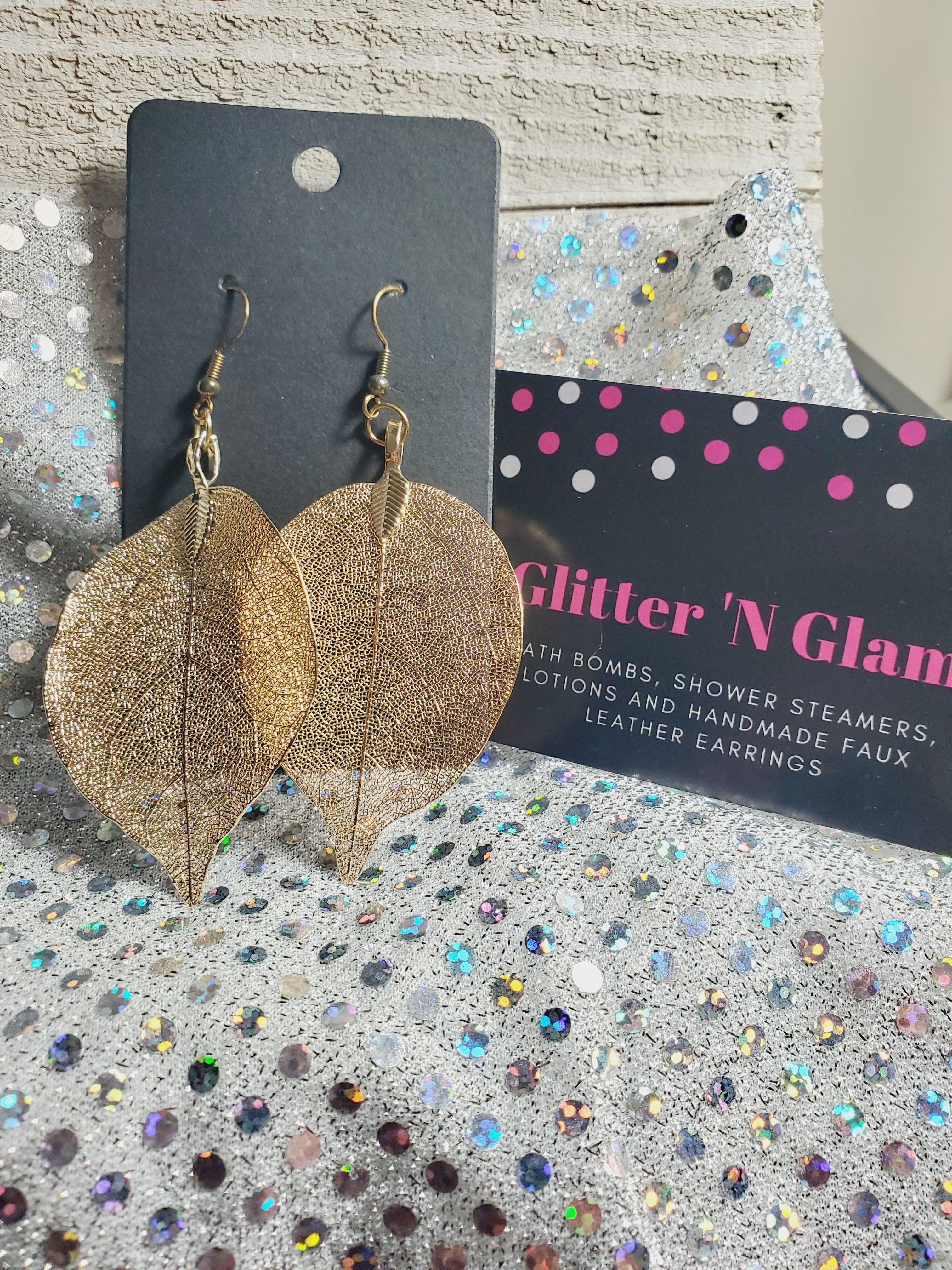 405 Wide Gold Leaf Dangle Earrings