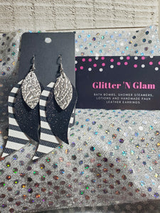 400 Crinkle Silver, Sparkly Black and Black and White Striped Three Layered Dangle Earrings