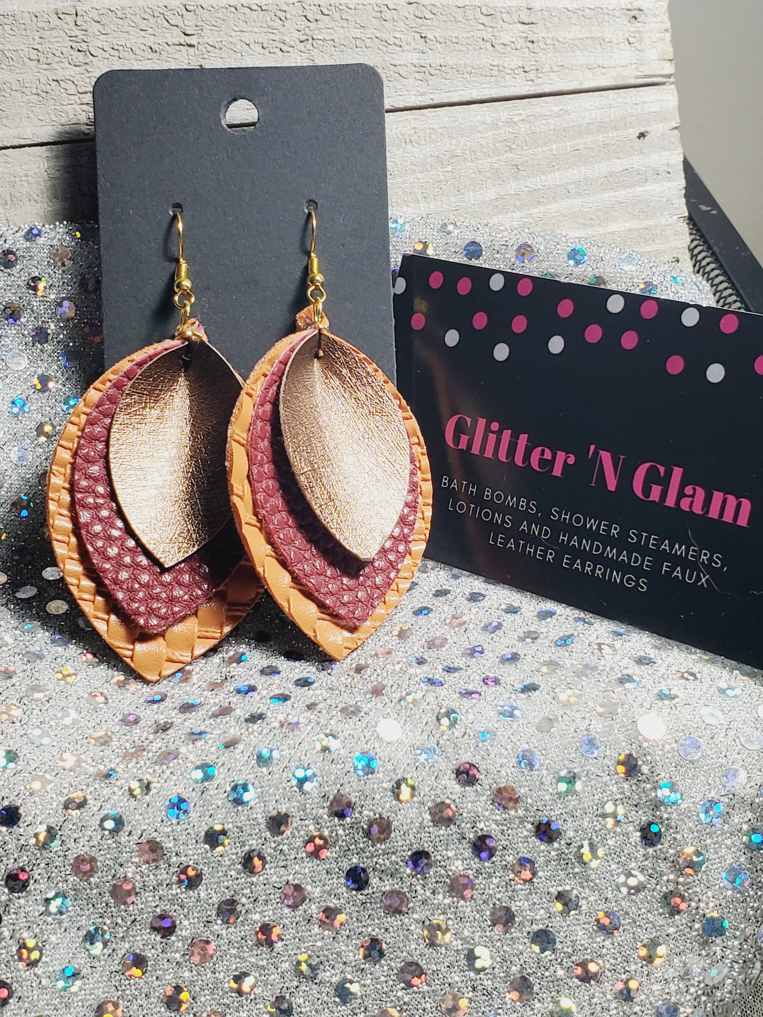 102 Burnt Orange, Burgundy and Bronze Pointed Ellipse Dangle Earrings