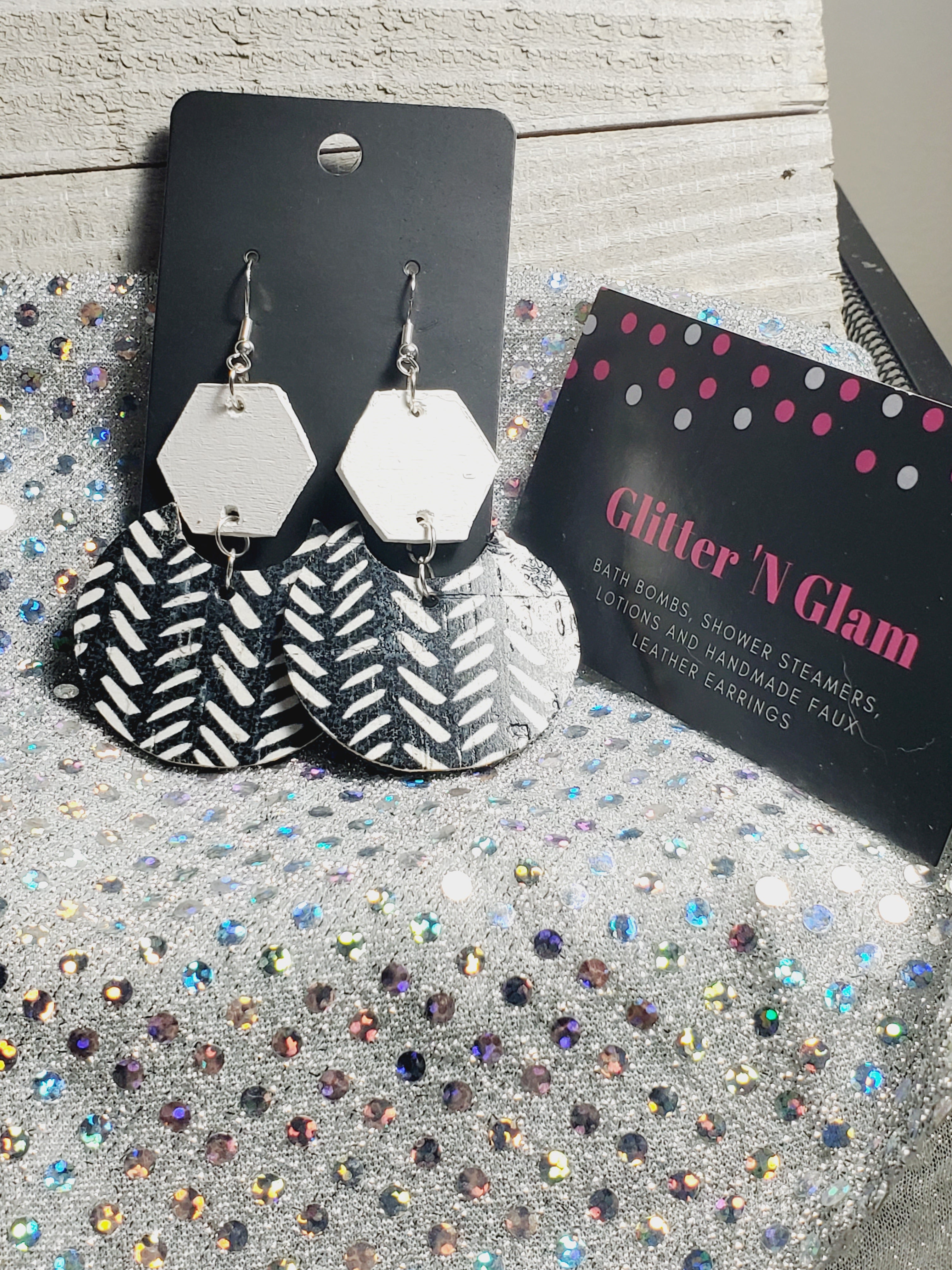 127 Black n White Semicircle Dangle Earrings with Teal Wood Accent