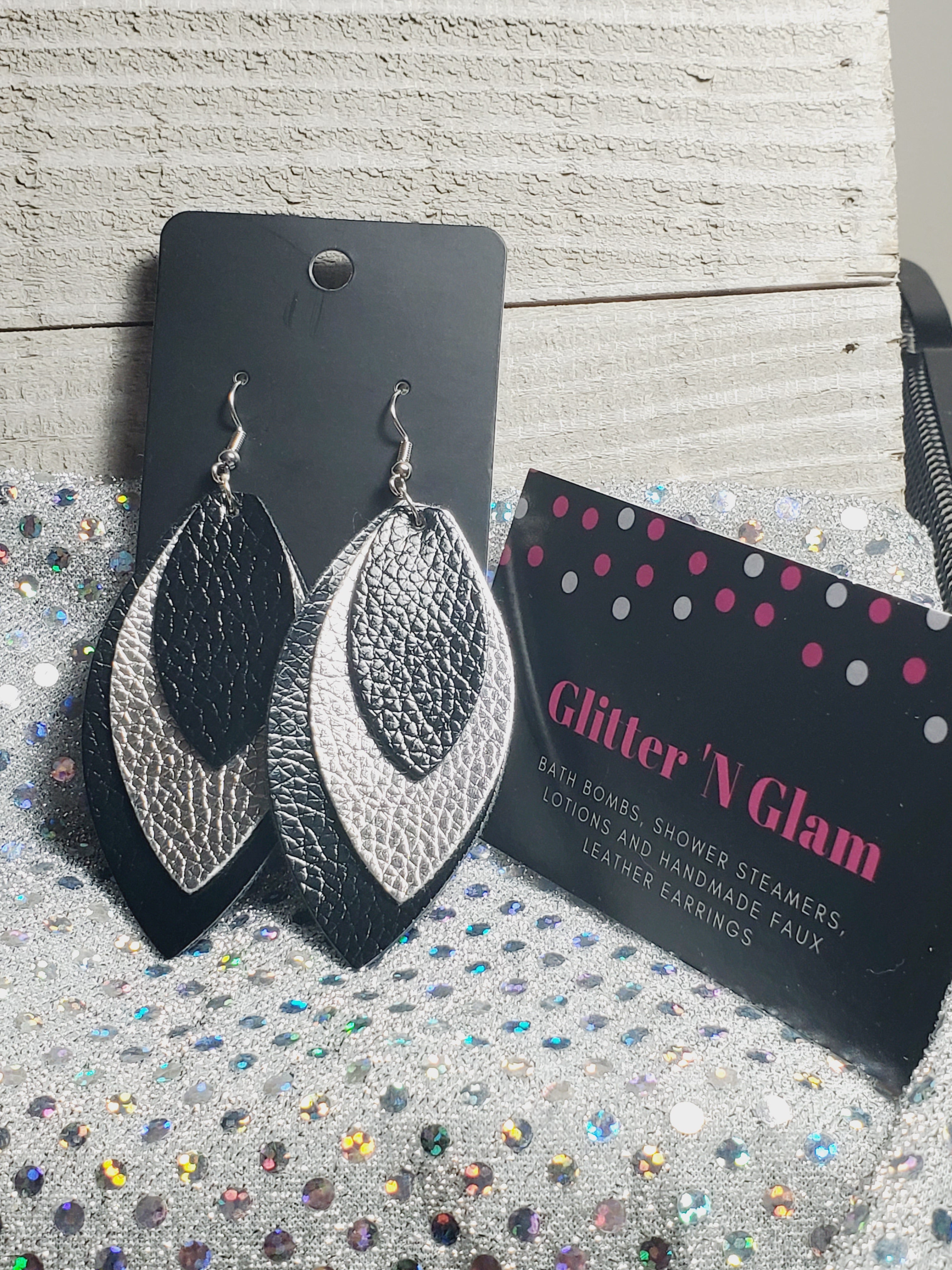 129 Black and Silver Three Layer Oblong Shaped Dangle Earrings