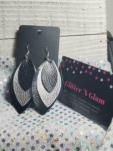 129 Black and Silver Three Layer Oblong Shaped Dangle Earrings