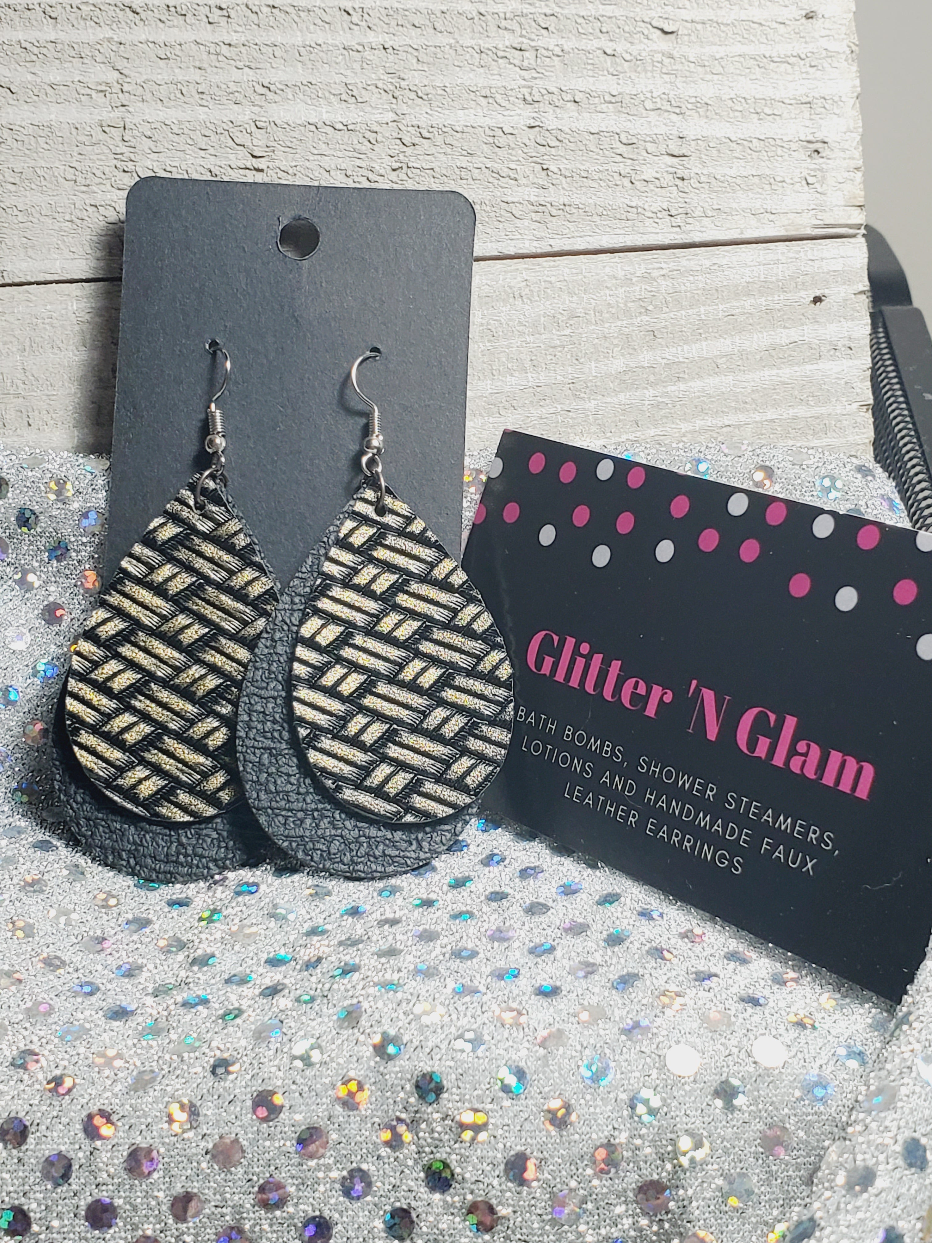 123 Black and Gold Basketweave Two Layer Teardrop Dangle Earrings