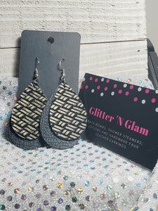 123 Black and Gold Basketweave Two Layer Teardrop Dangle Earrings