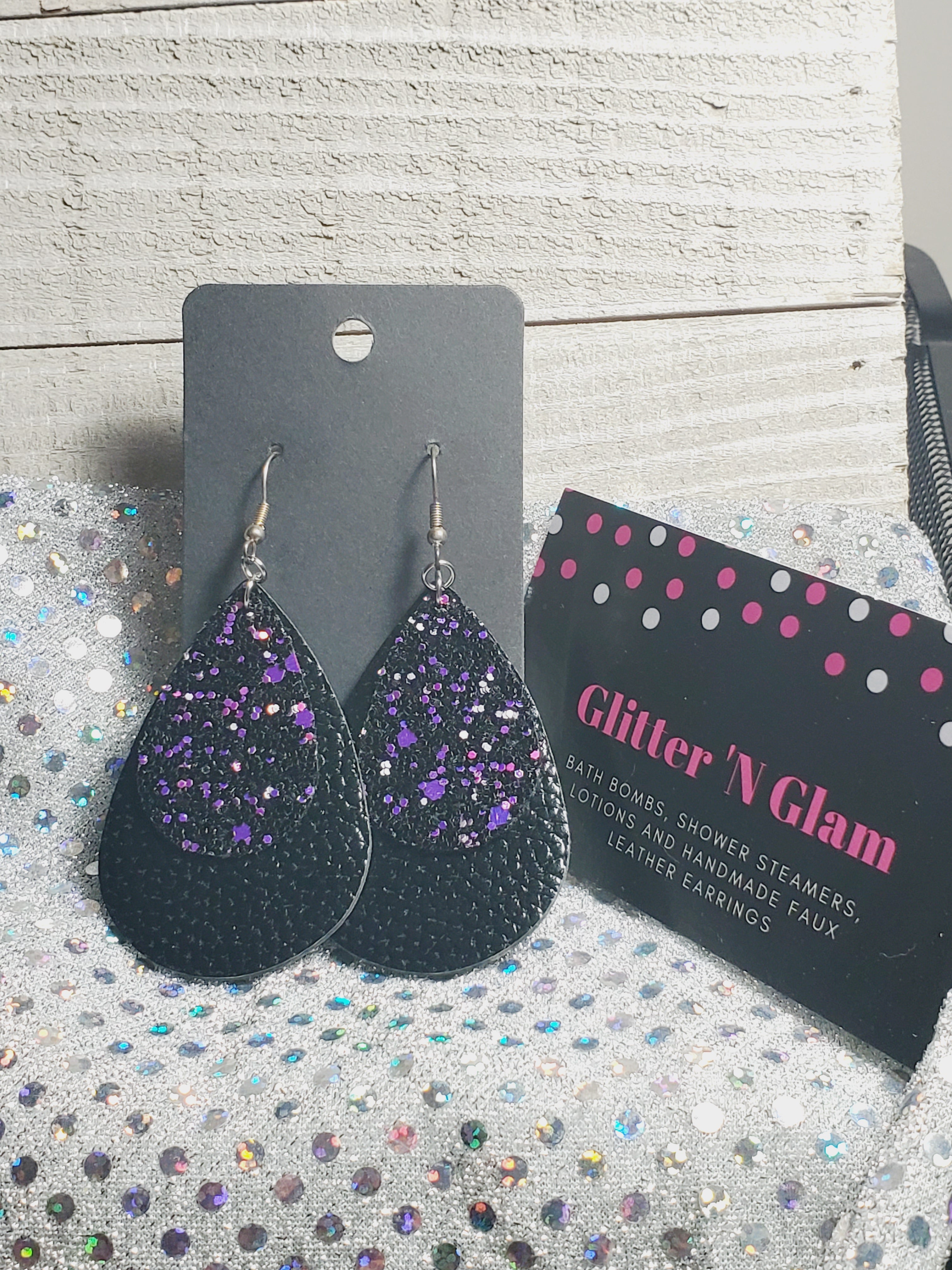 132 Black with Purple Glitter Two Layer Teardrop Dangle Earrings