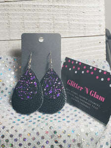 132 Black with Purple Glitter Two Layer Teardrop Dangle Earrings