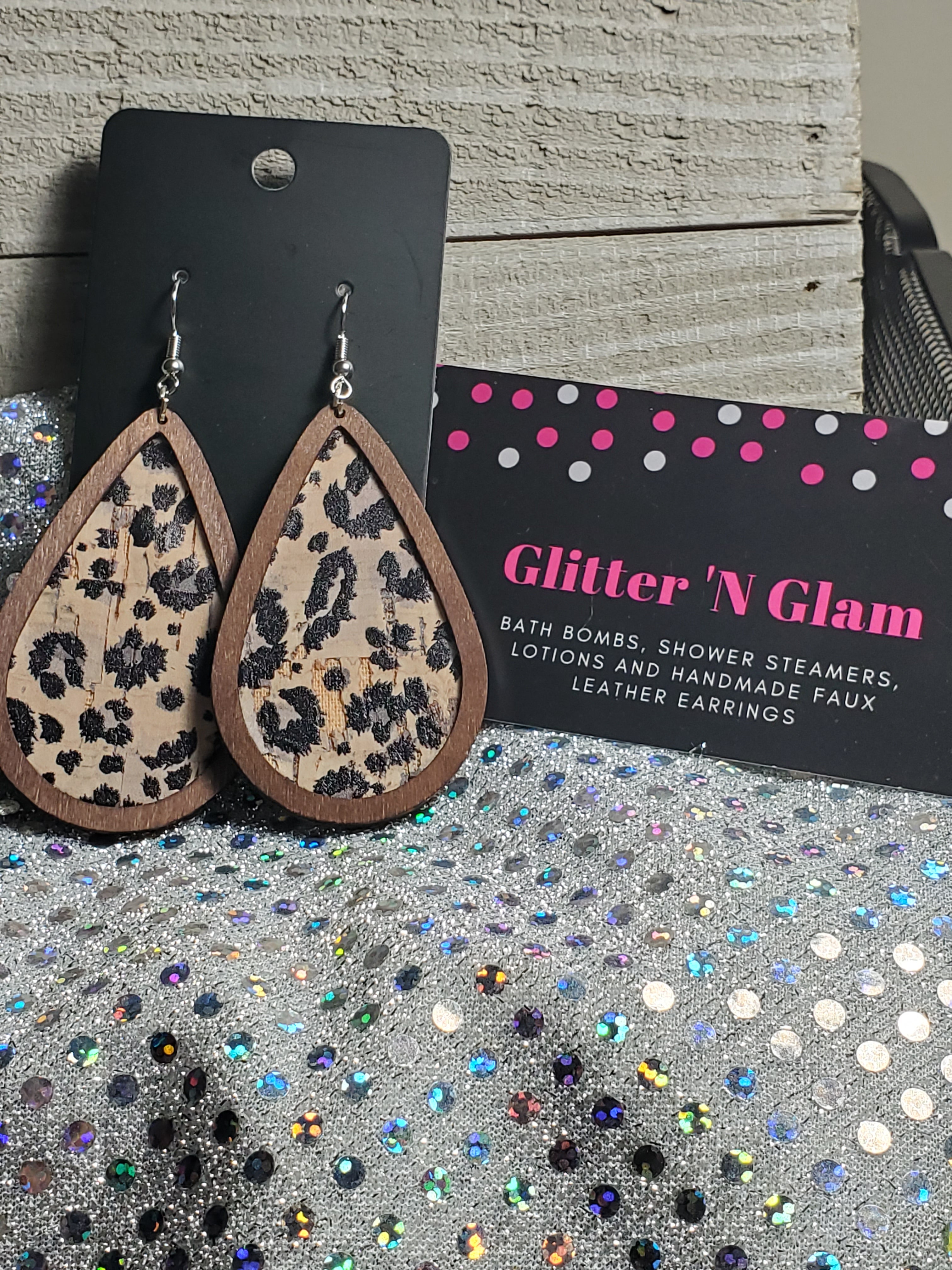 194 Black and Gray Animal Print Wood Teardrop Dangle Earrings
