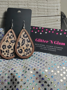 194 Black and Gray Animal Print Wood Teardrop Dangle Earrings