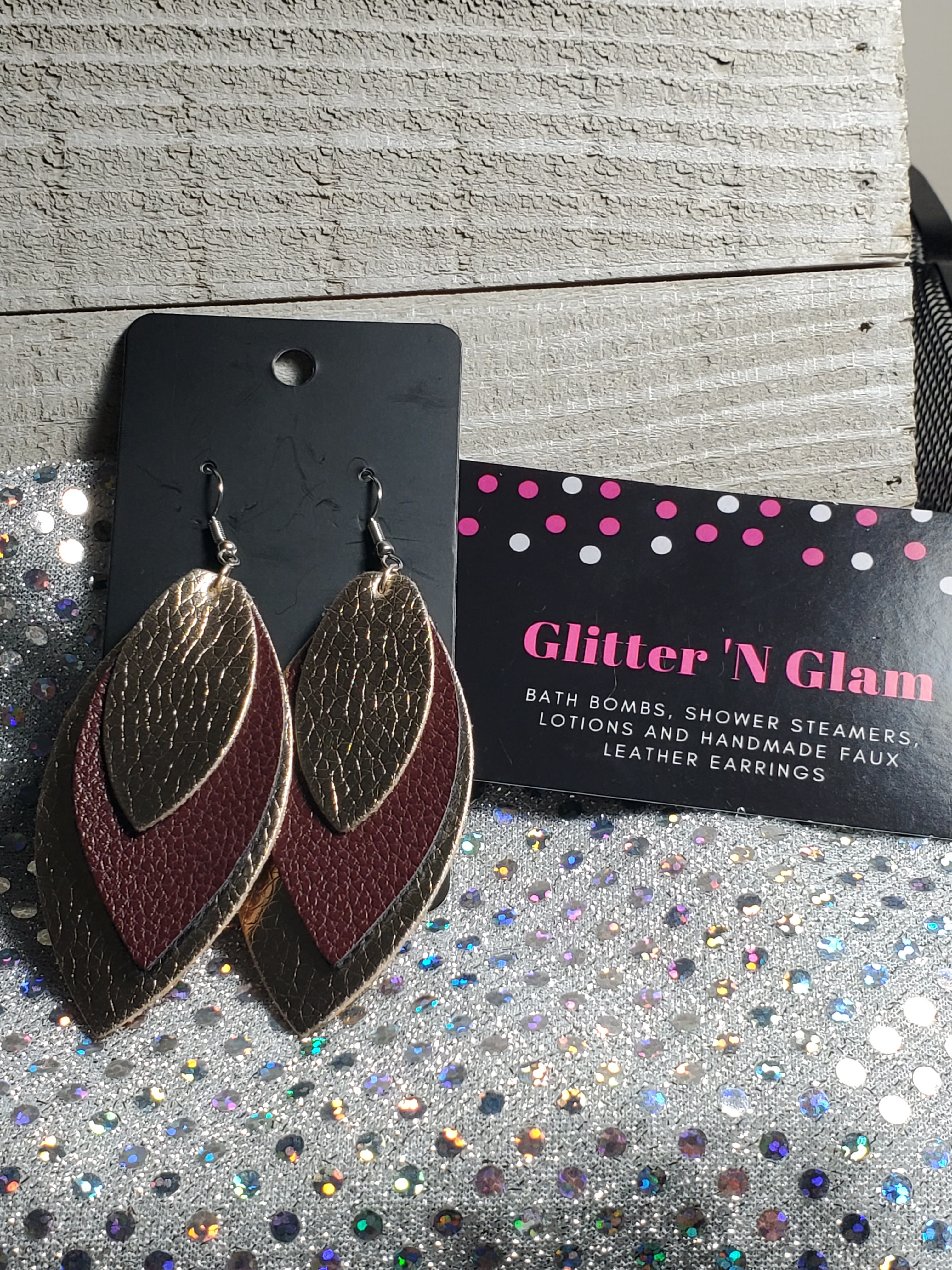 201 Burgundy and Rosegold Three Layer Oblong Shaped Dangle Earrings