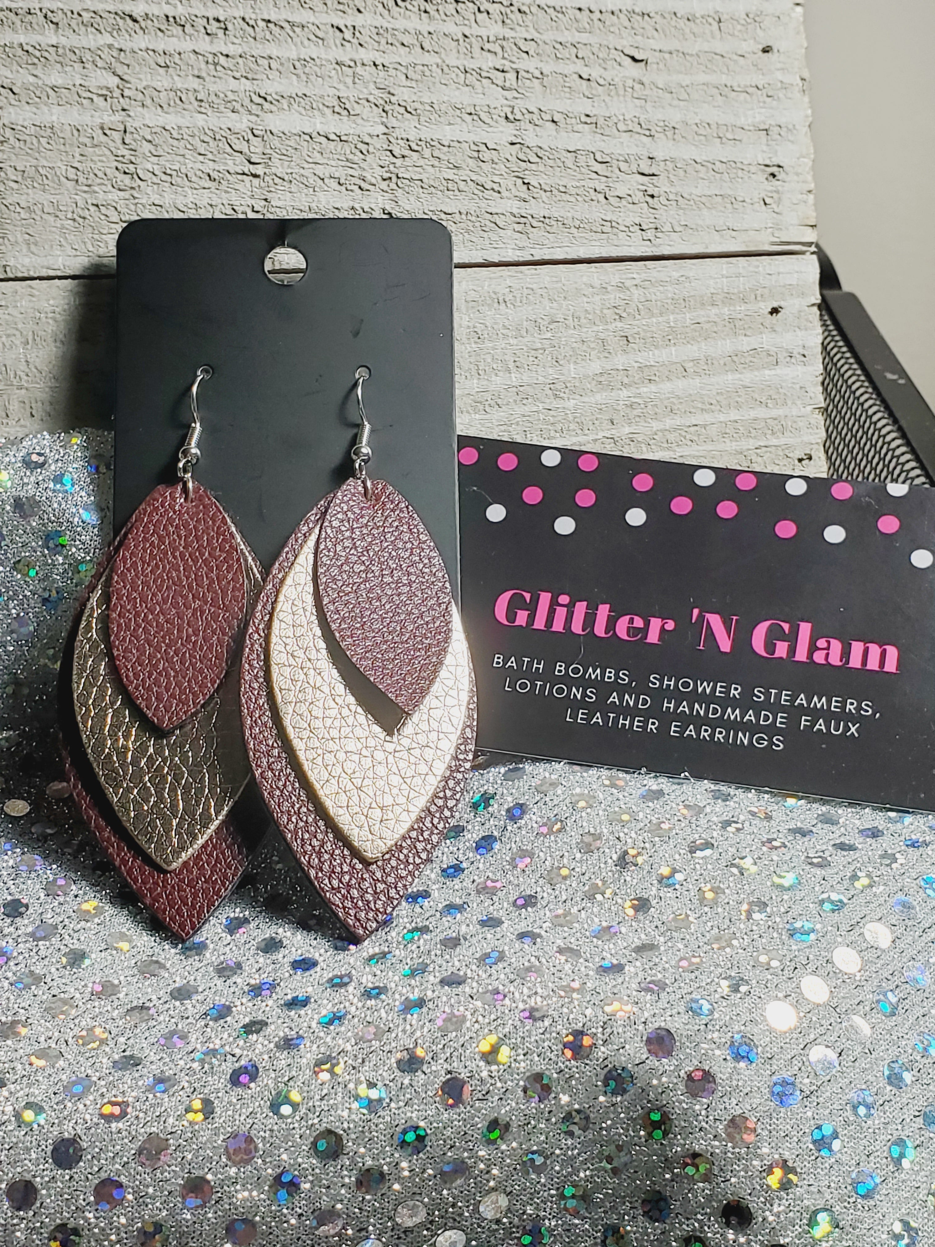 223 Burgundy and Rosegold Three Layer Oblong Shaped Dangle Earrings