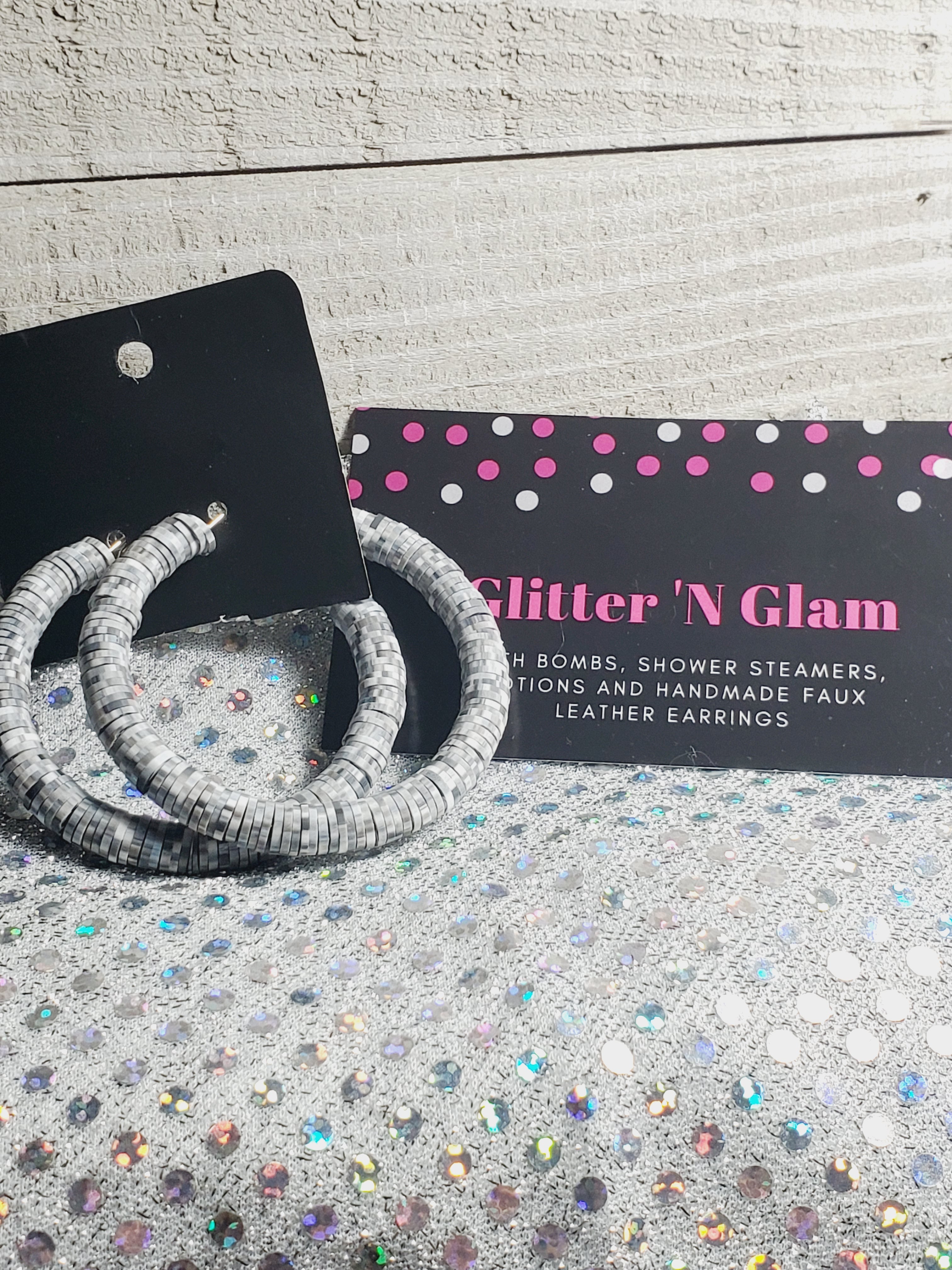 348 Gray and White Digital Polymer Clay Disc Hoop Earrings