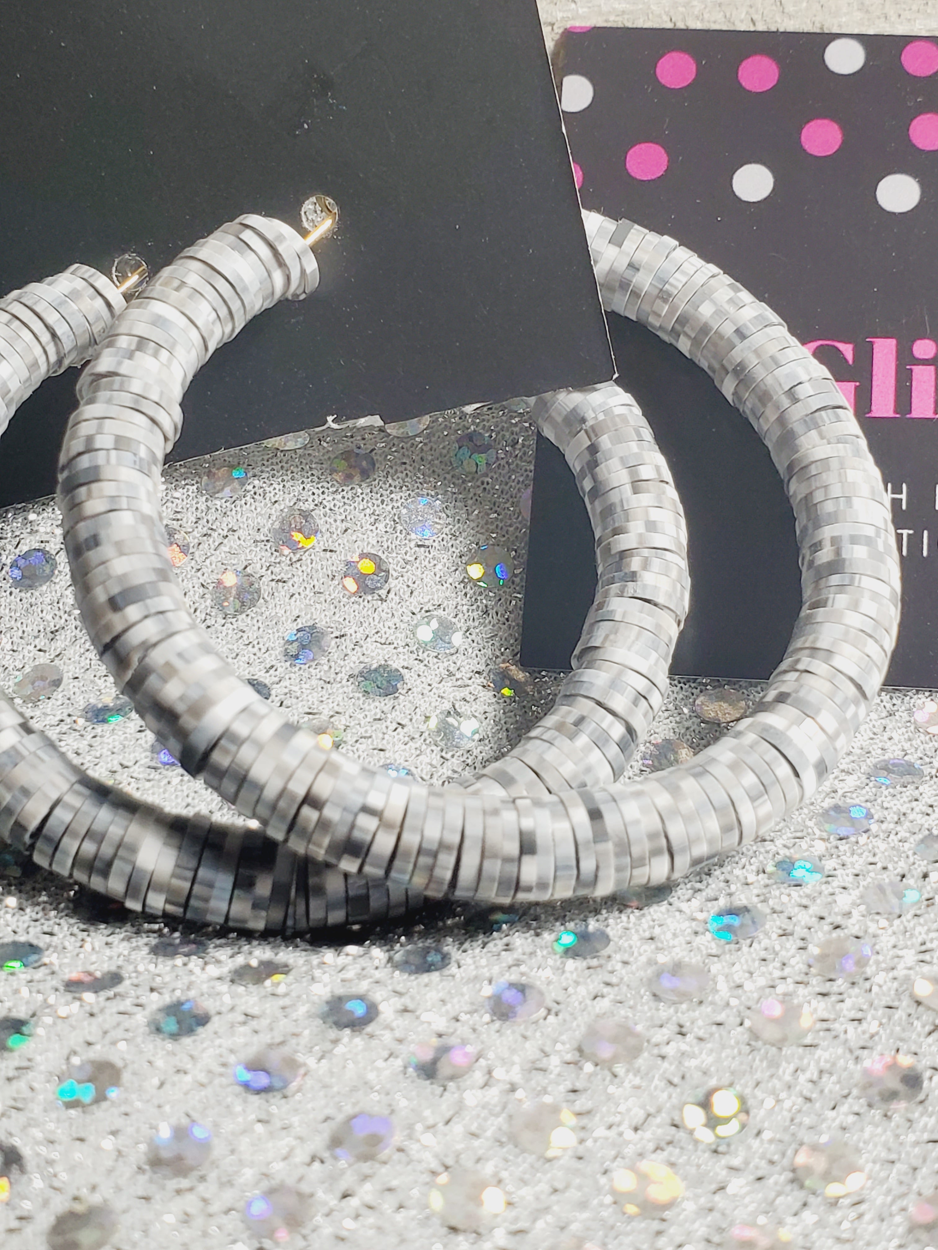 348 Gray and White Digital Polymer Clay Disc Hoop Earrings