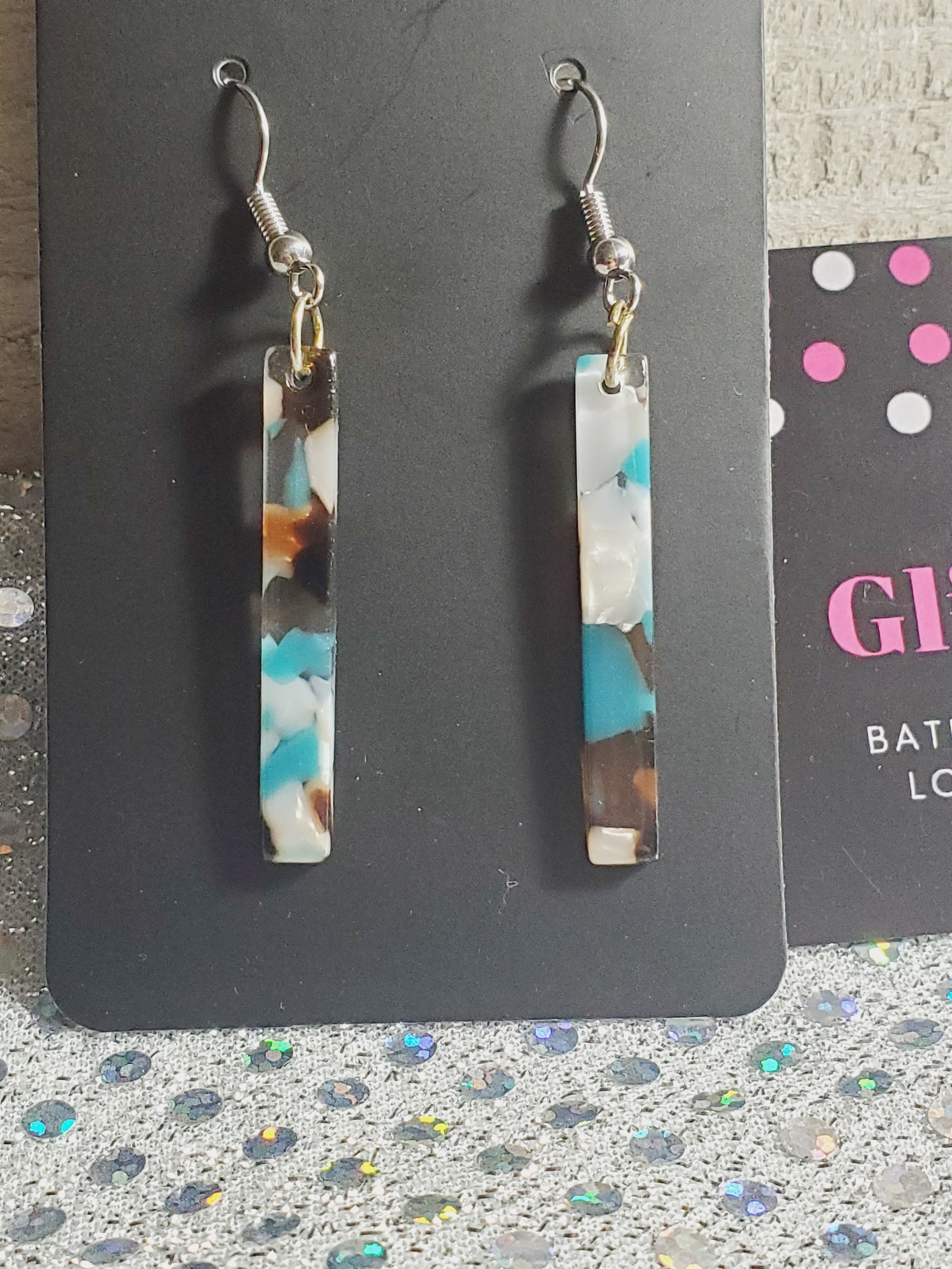 333 Teal, Brown, White with Pearl Accents Resin Dangle Earrings