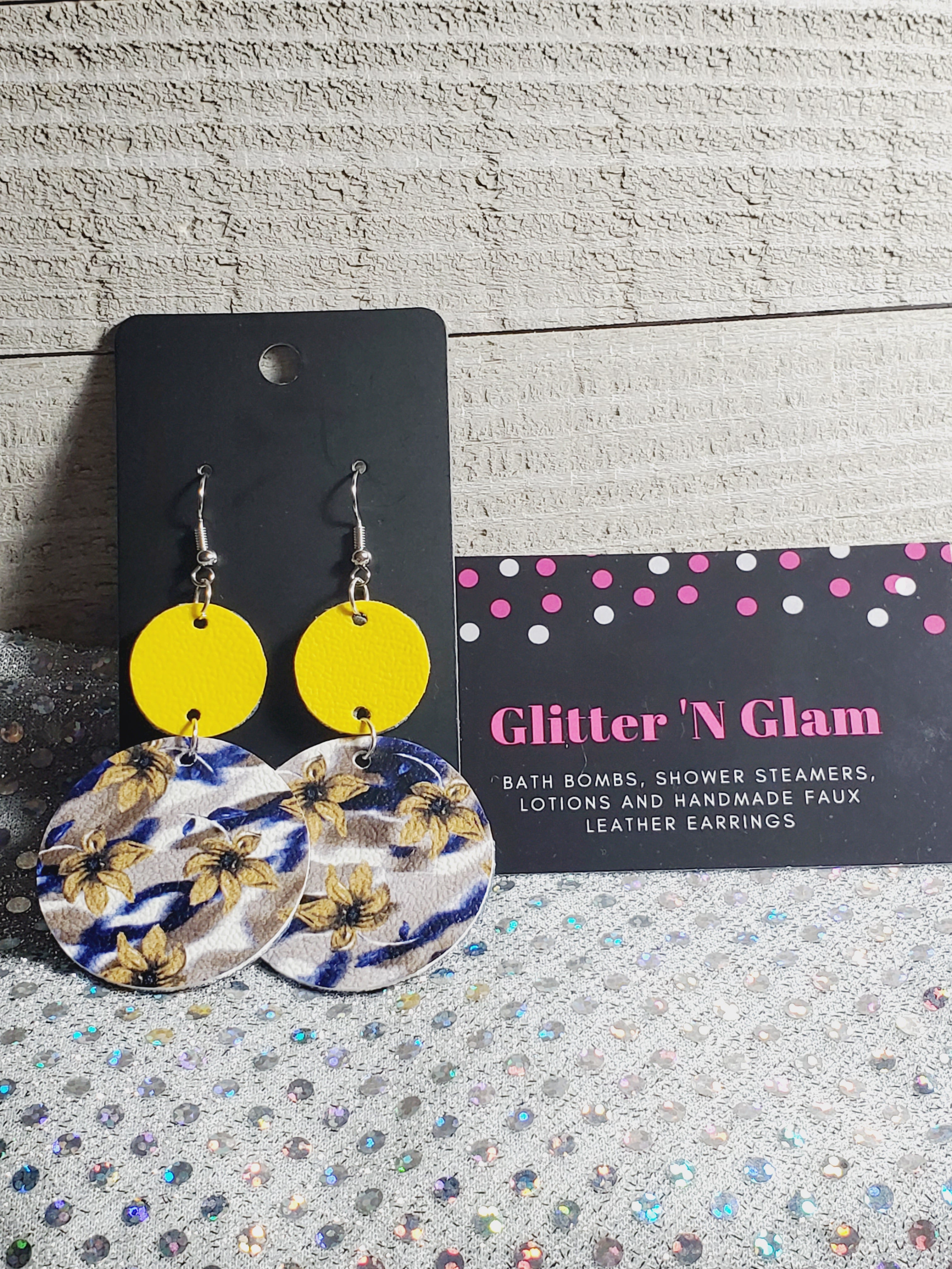307 Yellow with Blue and Yellow Flowers Circle Floral Dangle Earrings