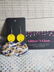 307 Yellow with Blue and Yellow Flowers Circle Floral Dangle Earrings