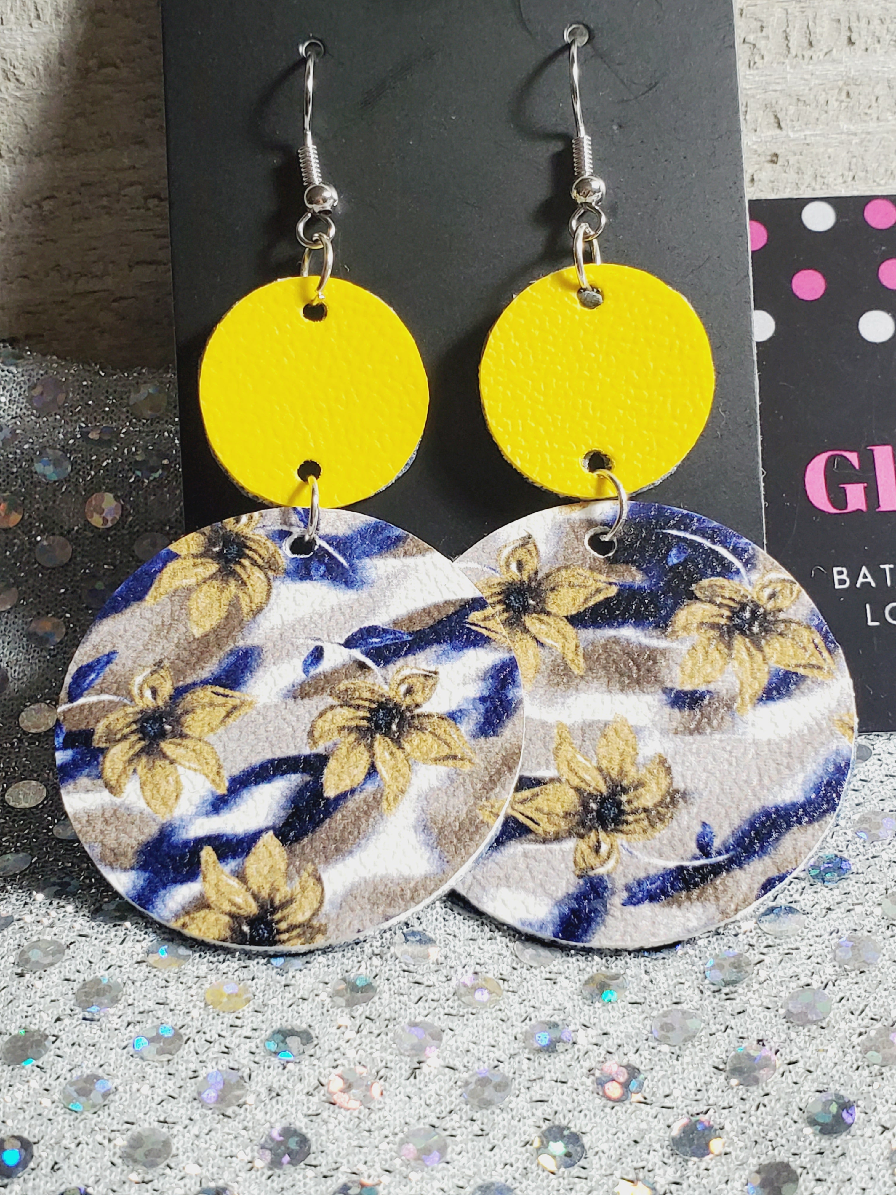 307 Yellow with Blue and Yellow Flowers Circle Floral Dangle Earrings
