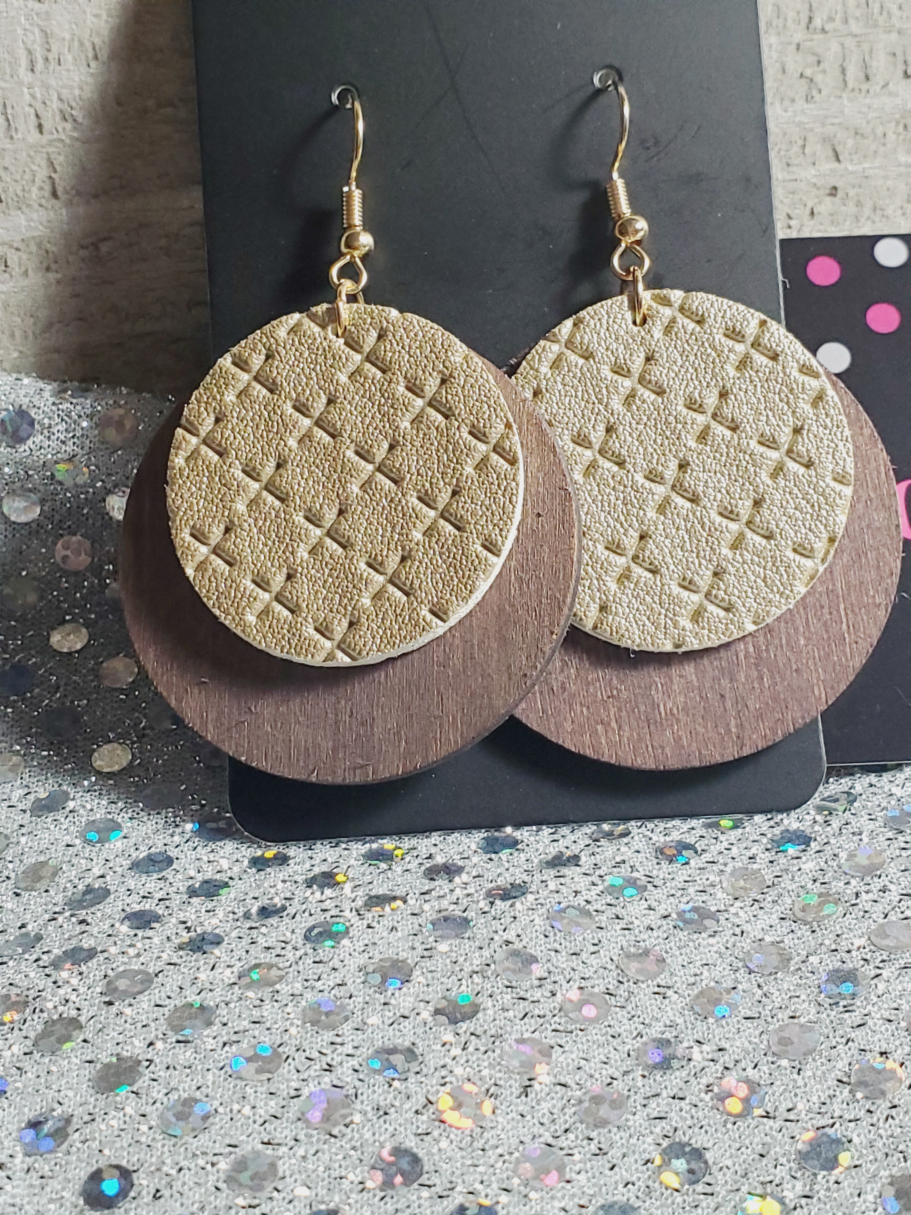 303 Gold Leather with Wood Circle Dangle Earrings