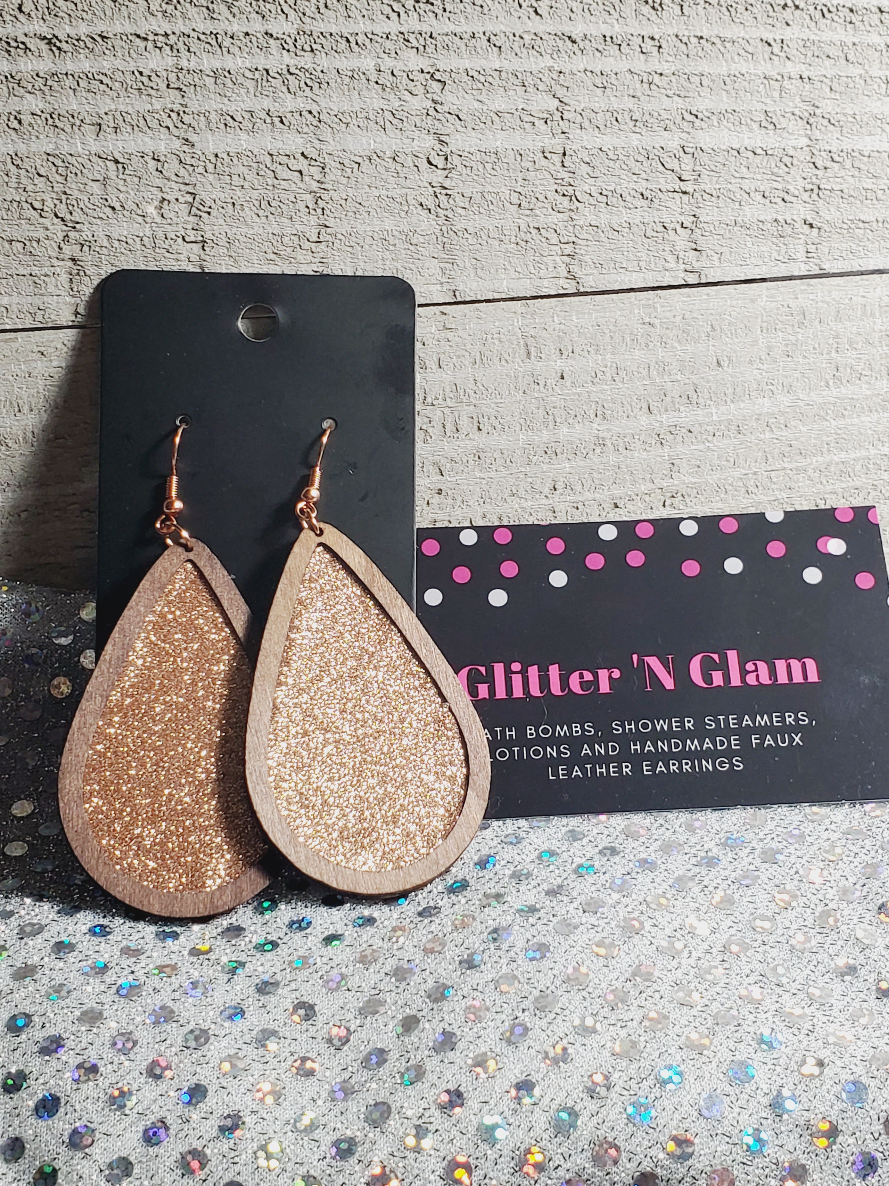 302 Wood Cutouts with Rosegold Leather Dangle Earrings