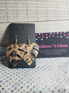 291 Black and Gold Monstra Leaf on Cork Leather Dangle Earrings