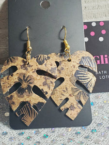 291 Black and Gold Monstra Leaf on Cork Leather Dangle Earrings
