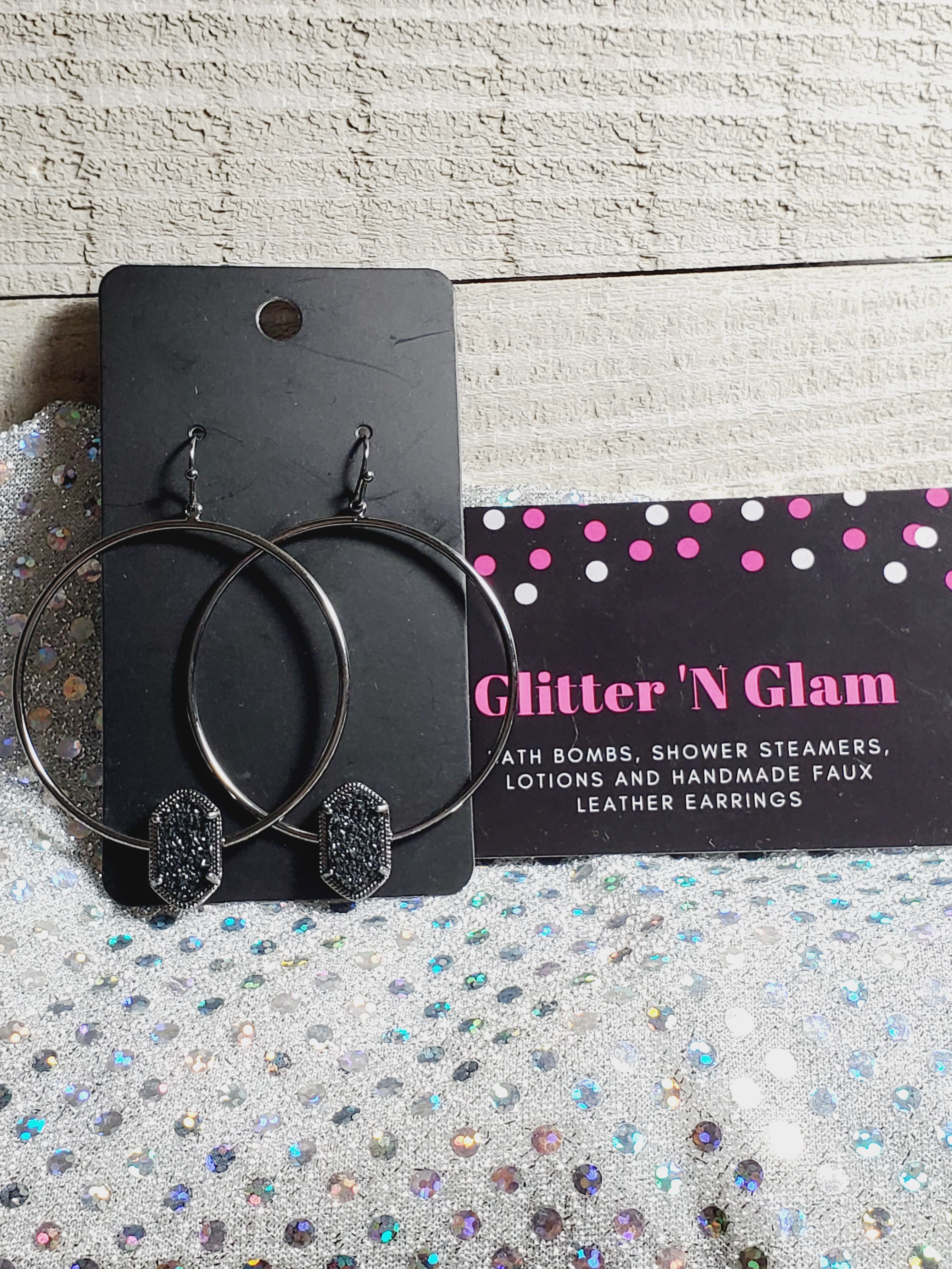 277 Gunmetal Hoop with Black Druzy Dangle Earrings
