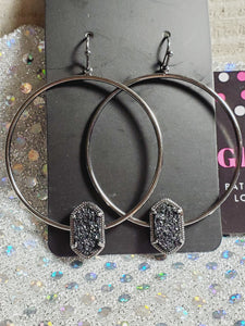 277 Gunmetal Hoop with Black Druzy Dangle Earrings