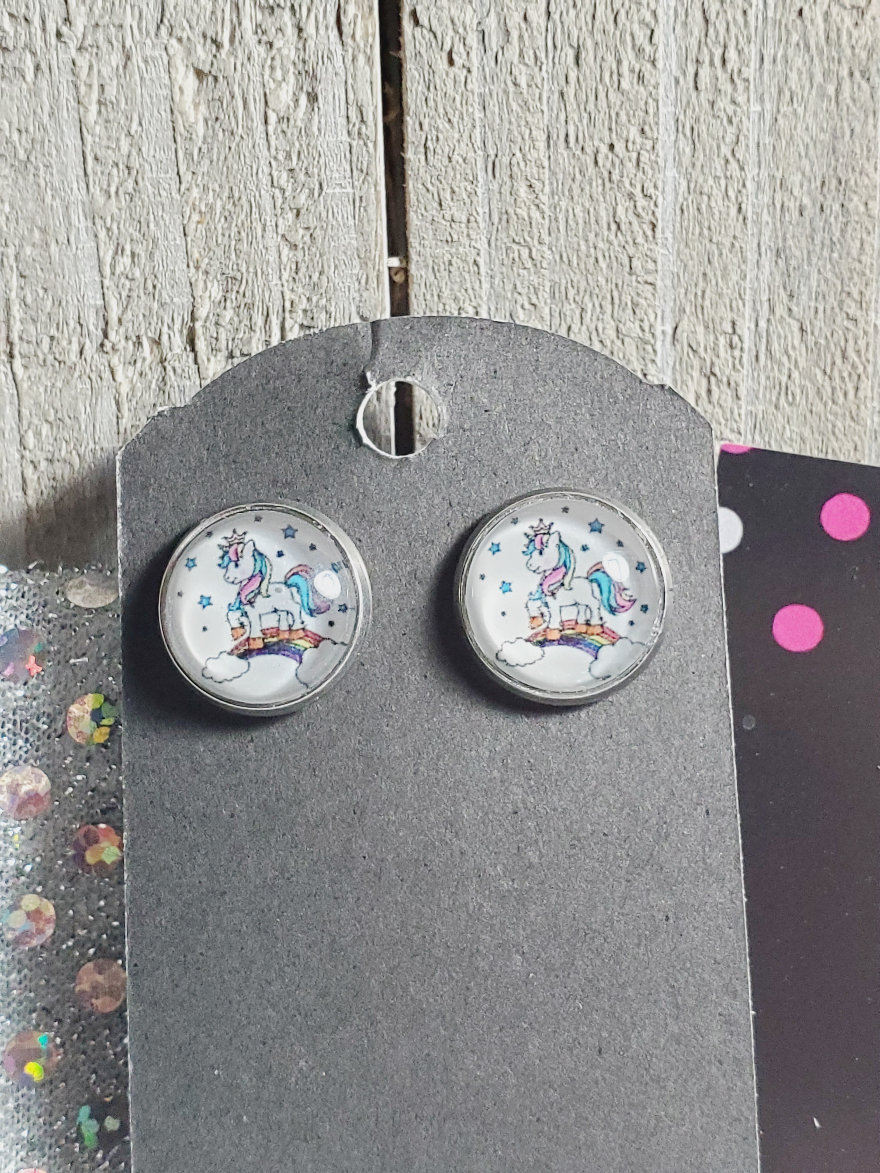 878 Unicorn Stud Earrings Standing on Rainbow