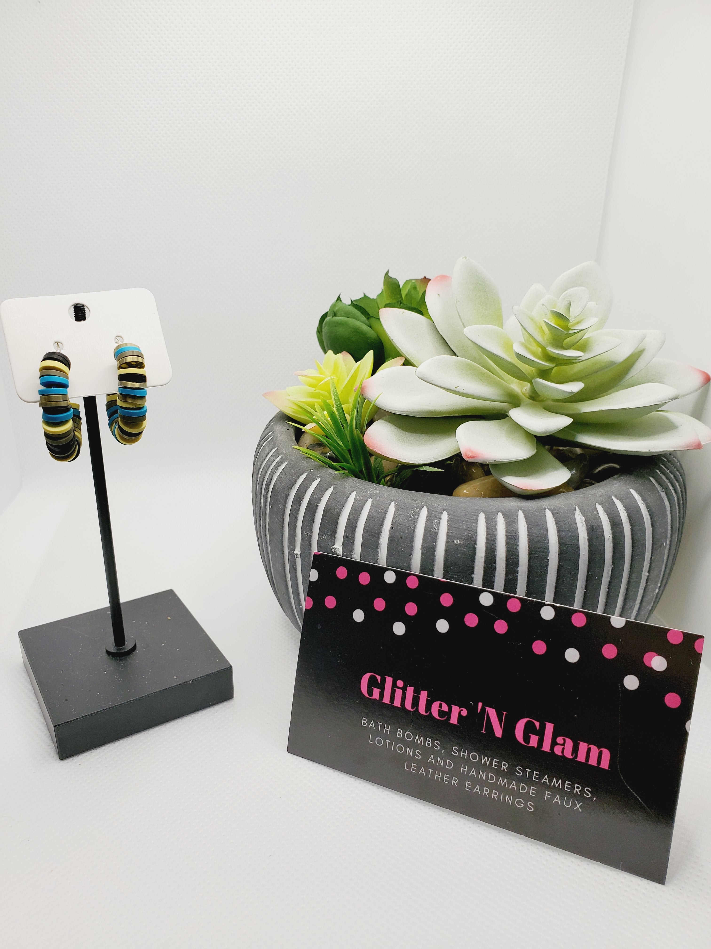 264 Aqua Blue, Yellow, Black and Olive Green Polymer Clay Beads Small Hoop Earrings