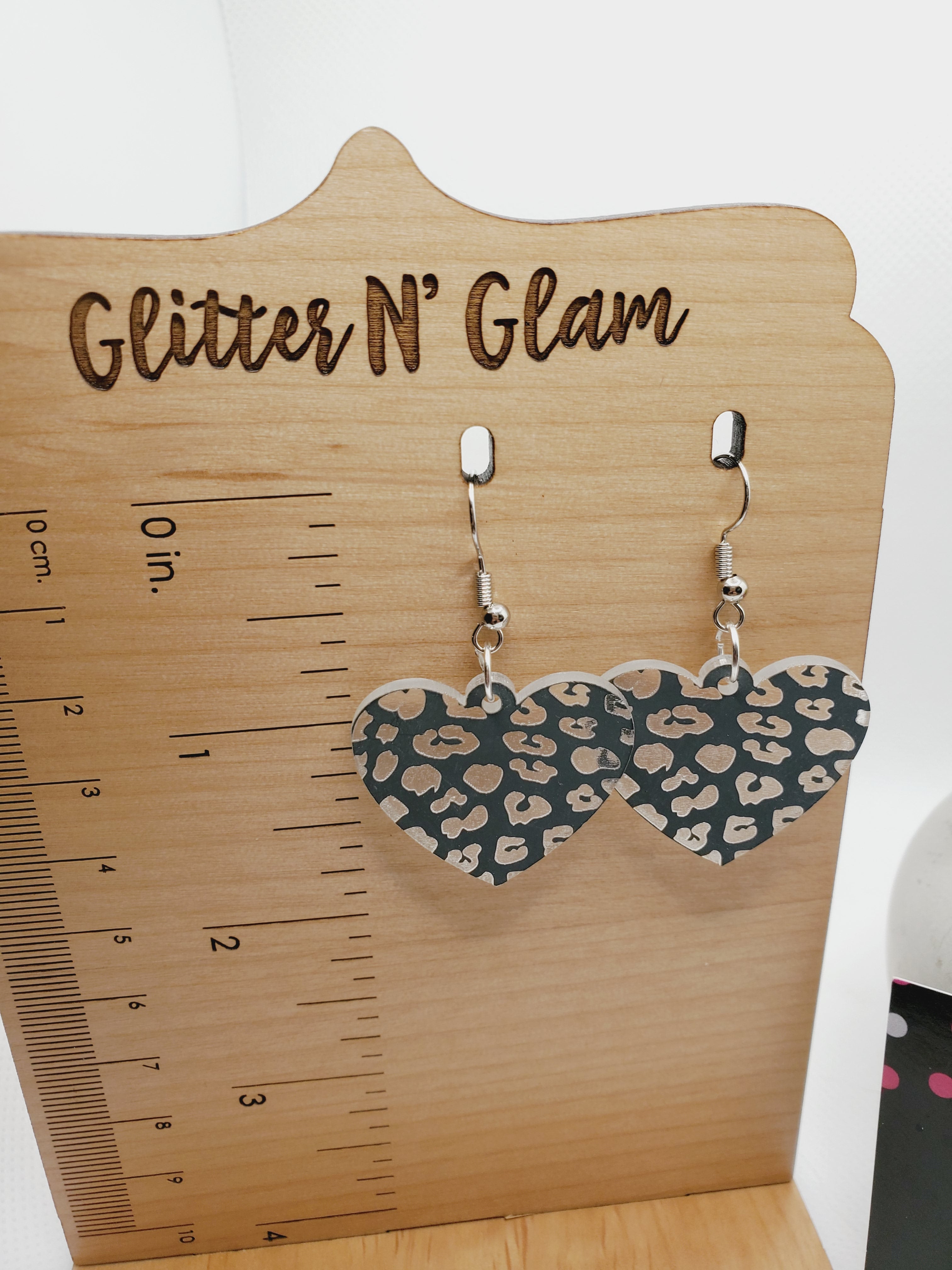 259 Gray Cheetah Heart Dangle Earrings