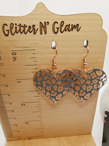 257 Gray/Pink Cheetah Heart Dangle Earrings