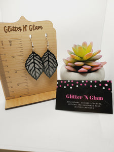 249 Black Metal with Silver Sparkle Leaf Dangle Earrings
