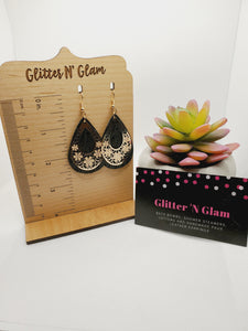 239 Black Leather Teardrop with Gold Metal Teardrop Danglr Earrings