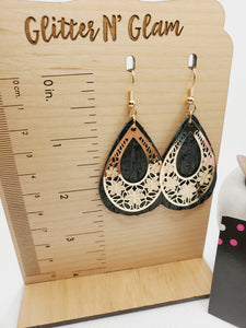 239 Black Leather Teardrop with Gold Metal Teardrop Danglr Earrings