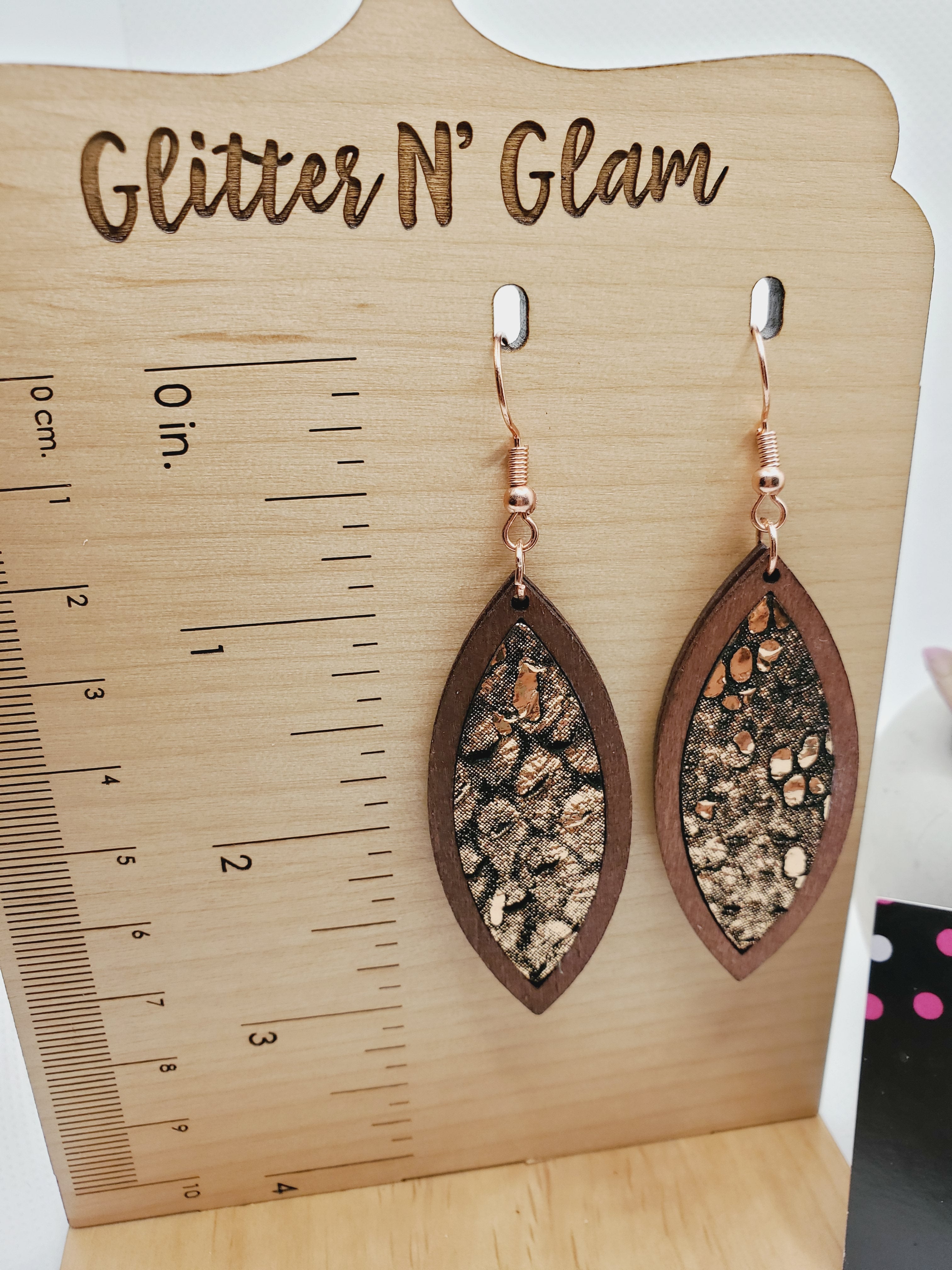247 Wood with Rosegold Leather Dangle Earrings