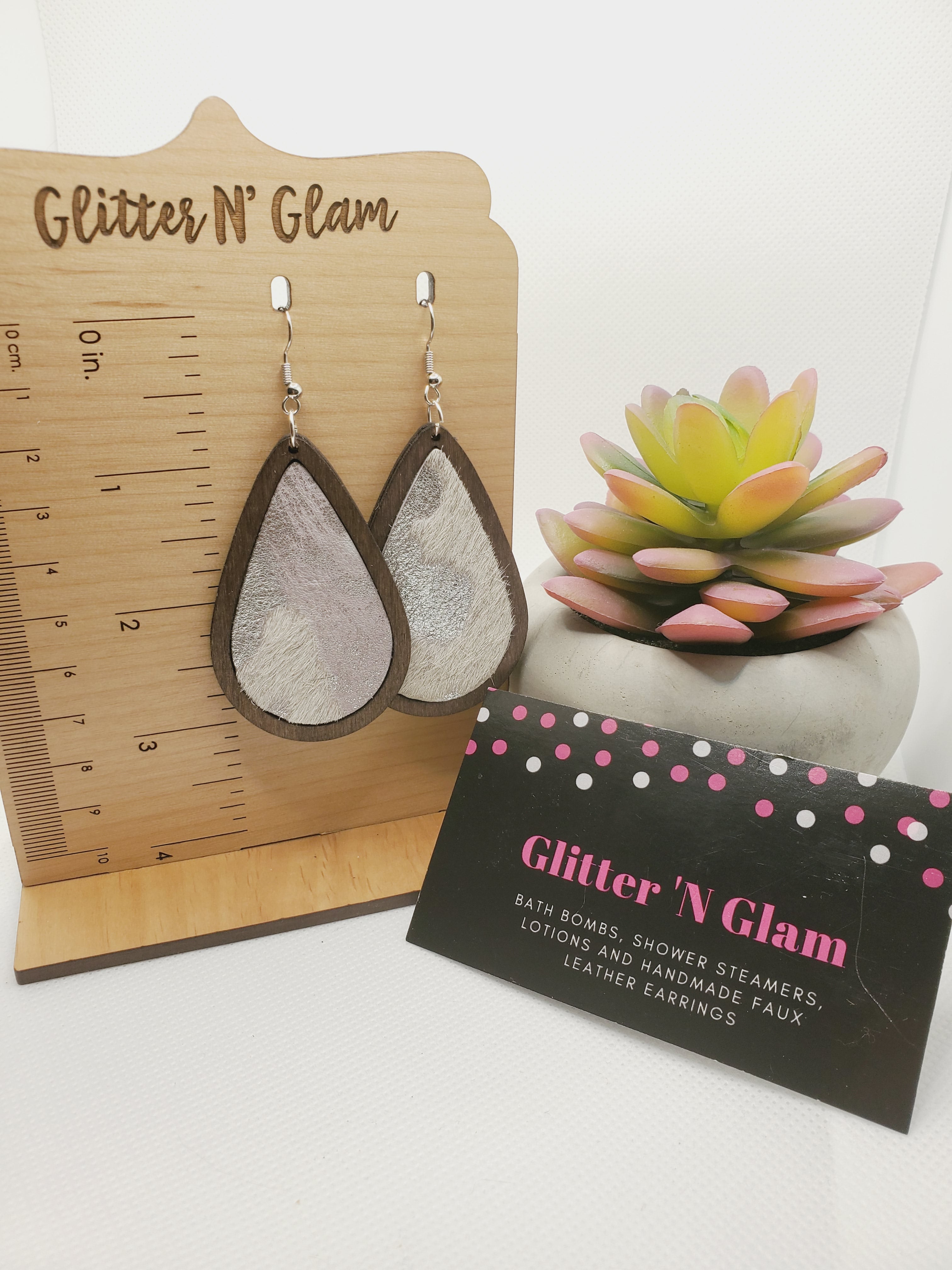 238 Wood with Silver Hair on Leather Dangle Earrings
