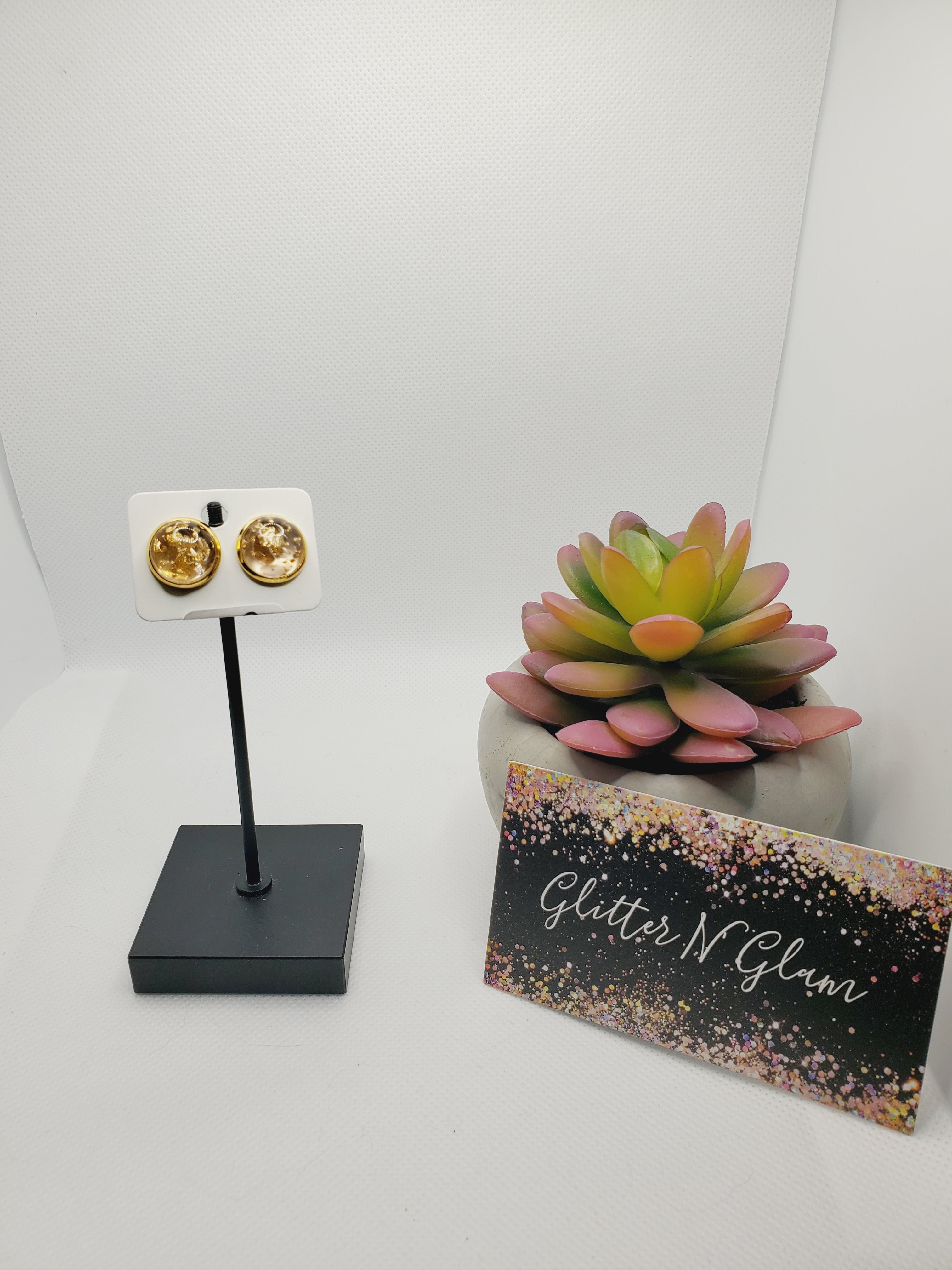 914 Clear with Gold Flakes Stud Earrings