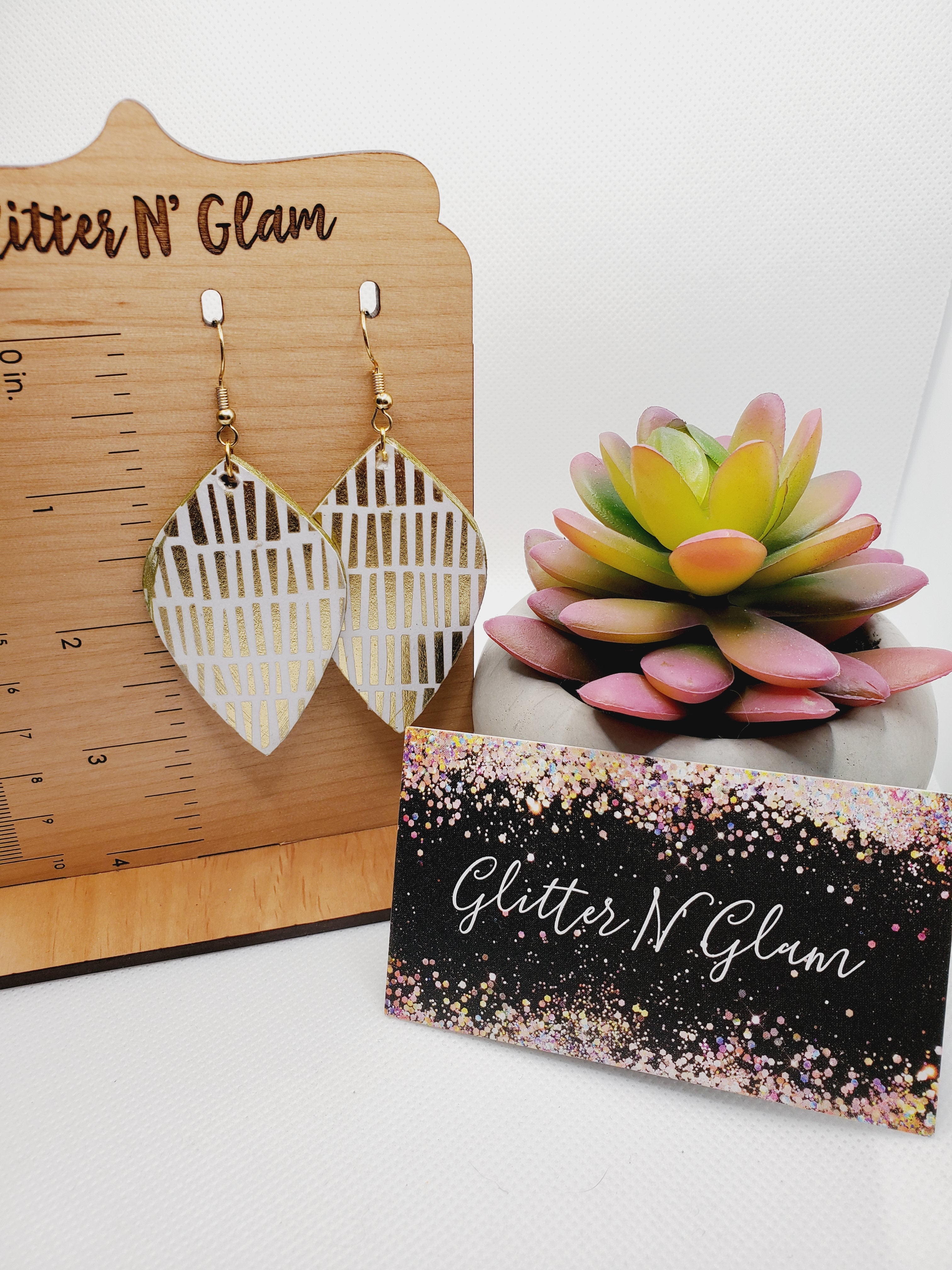 431 Gold and White Decopage Wood Dangle Earrings