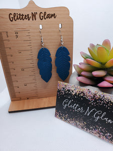 466 Blue Leather Leaf Dangle Earrings