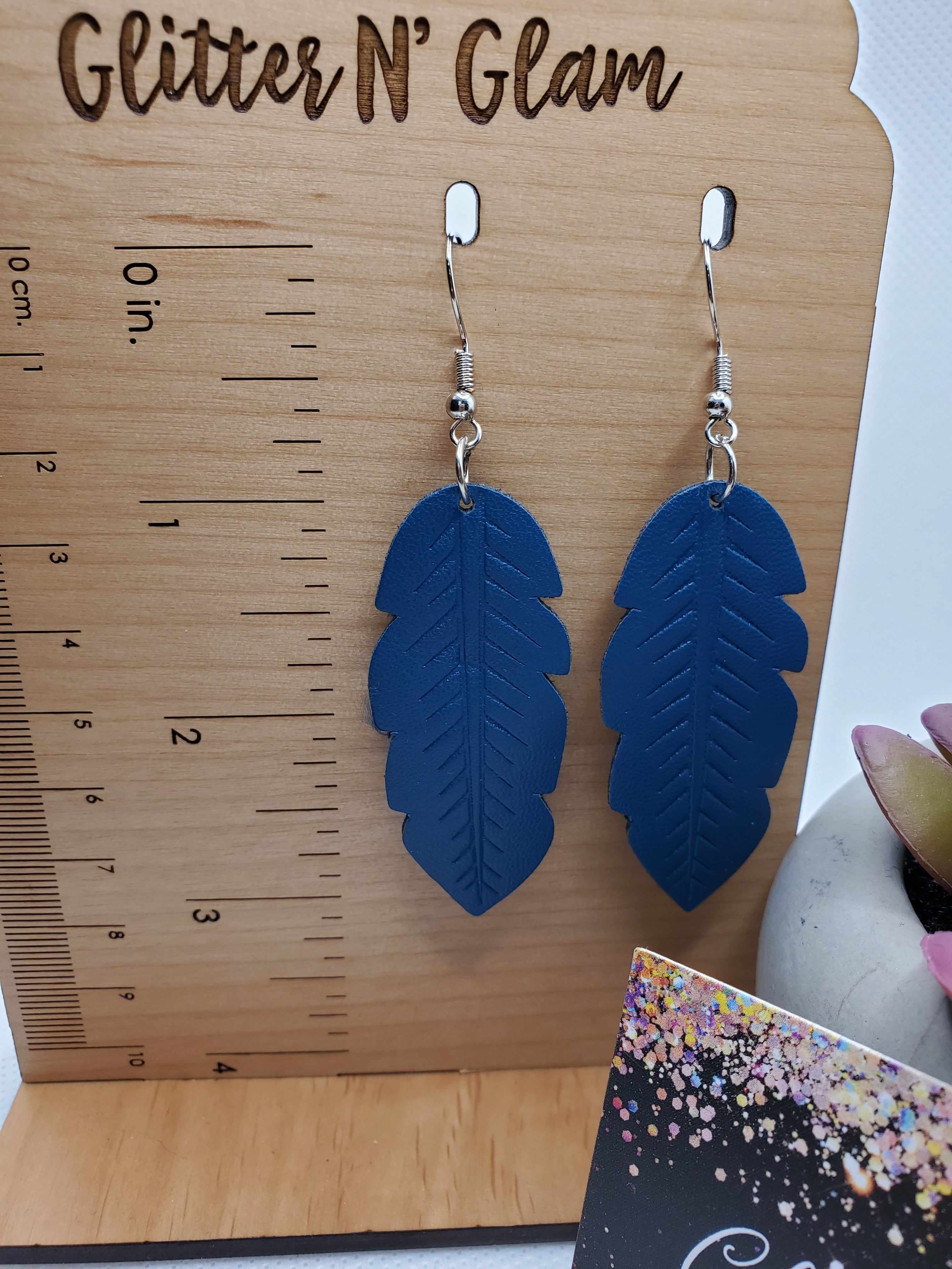 466 Blue Leather Leaf Dangle Earrings
