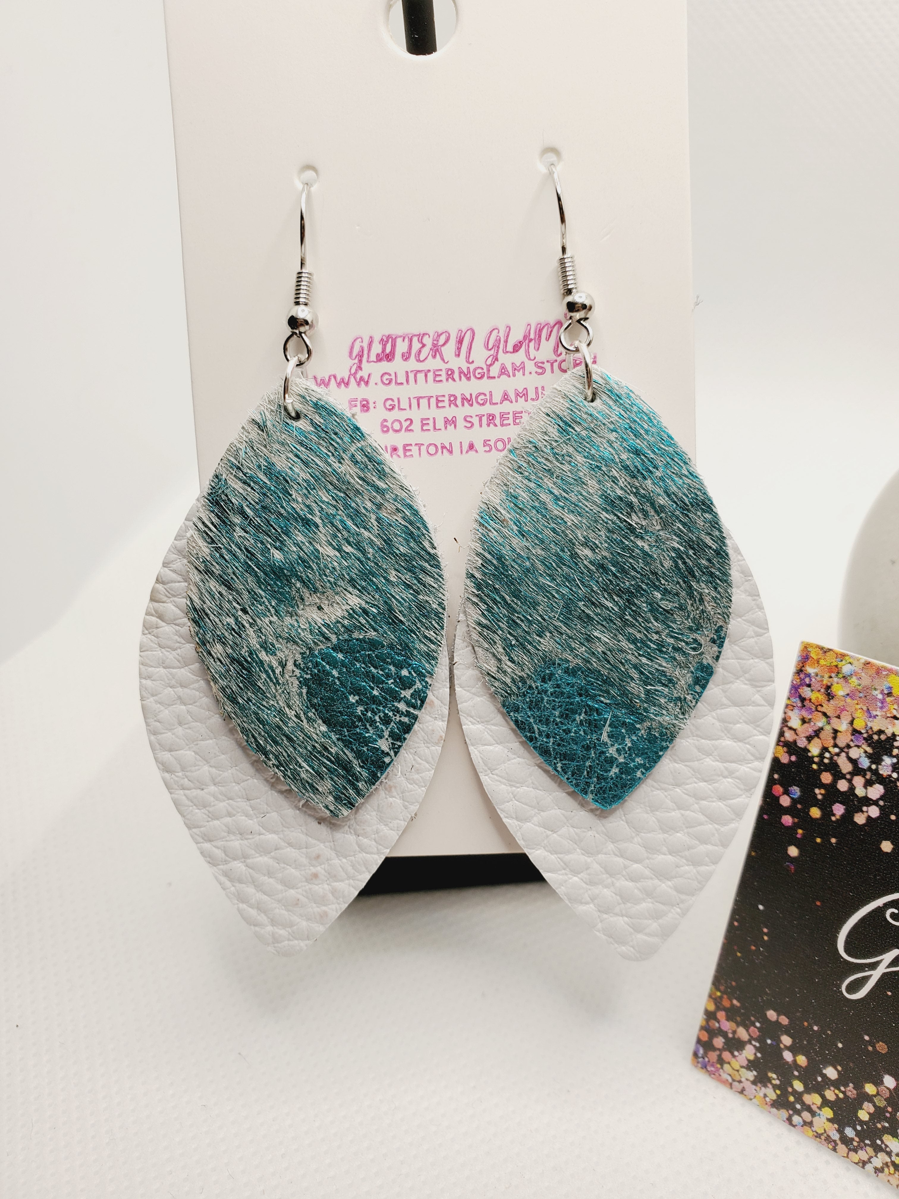 444 Teal Hair-on Leather Dangle Earrings