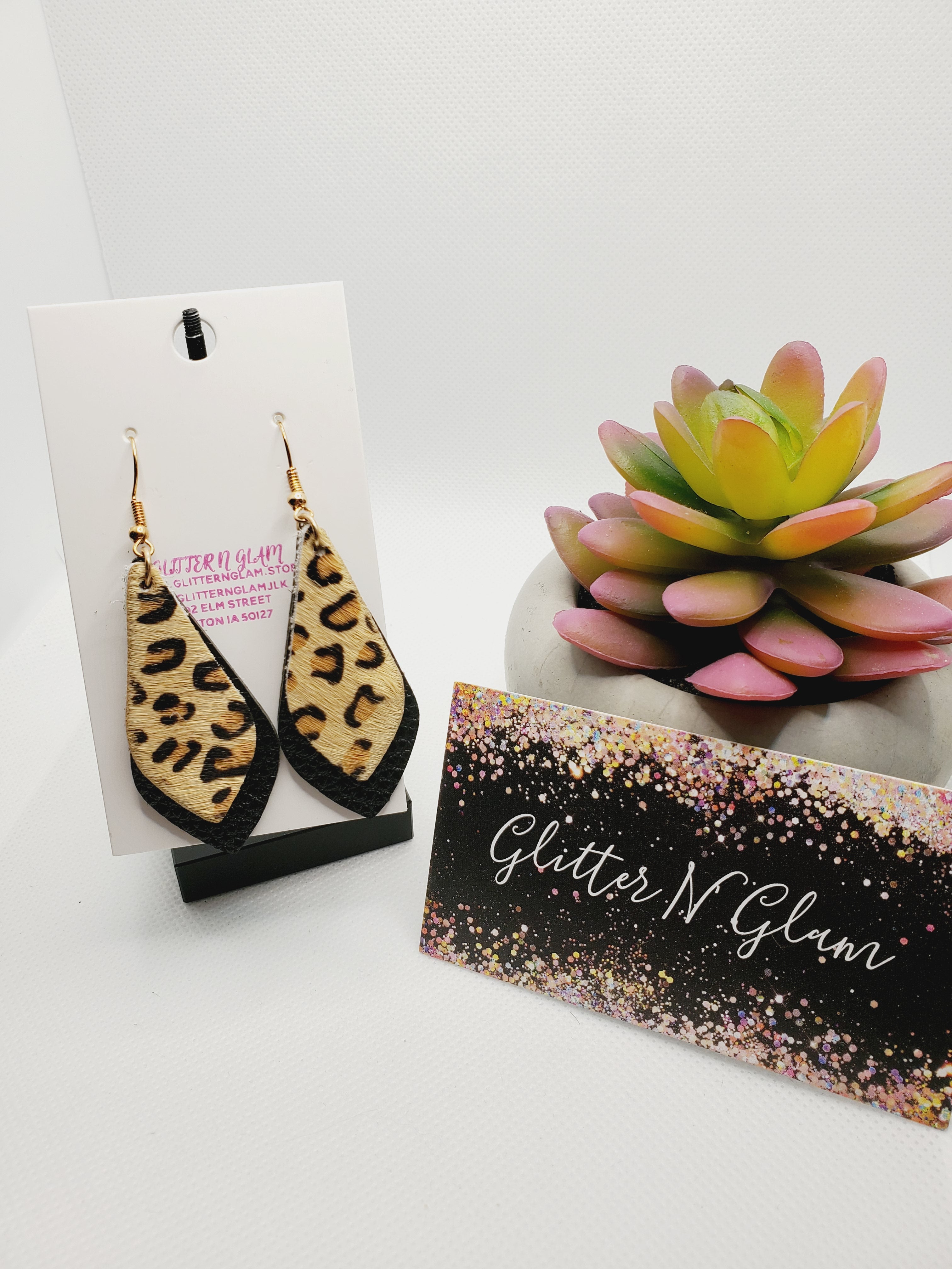 457 Small Dark Cheetah Print with Black Dangle Earrings