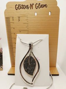 546 Sparkly Silver and Black Leaf Long Statement Necklace