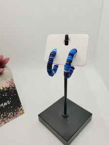493 Blue, White, Black, Purple Polymer Clay Small Hoop Earrings
