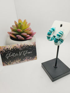 494 Dark Teal, White, Light Teal Polymer Clay Hoop Earrings