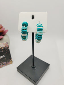 494 Dark Teal, White, Light Teal Polymer Clay Hoop Earrings