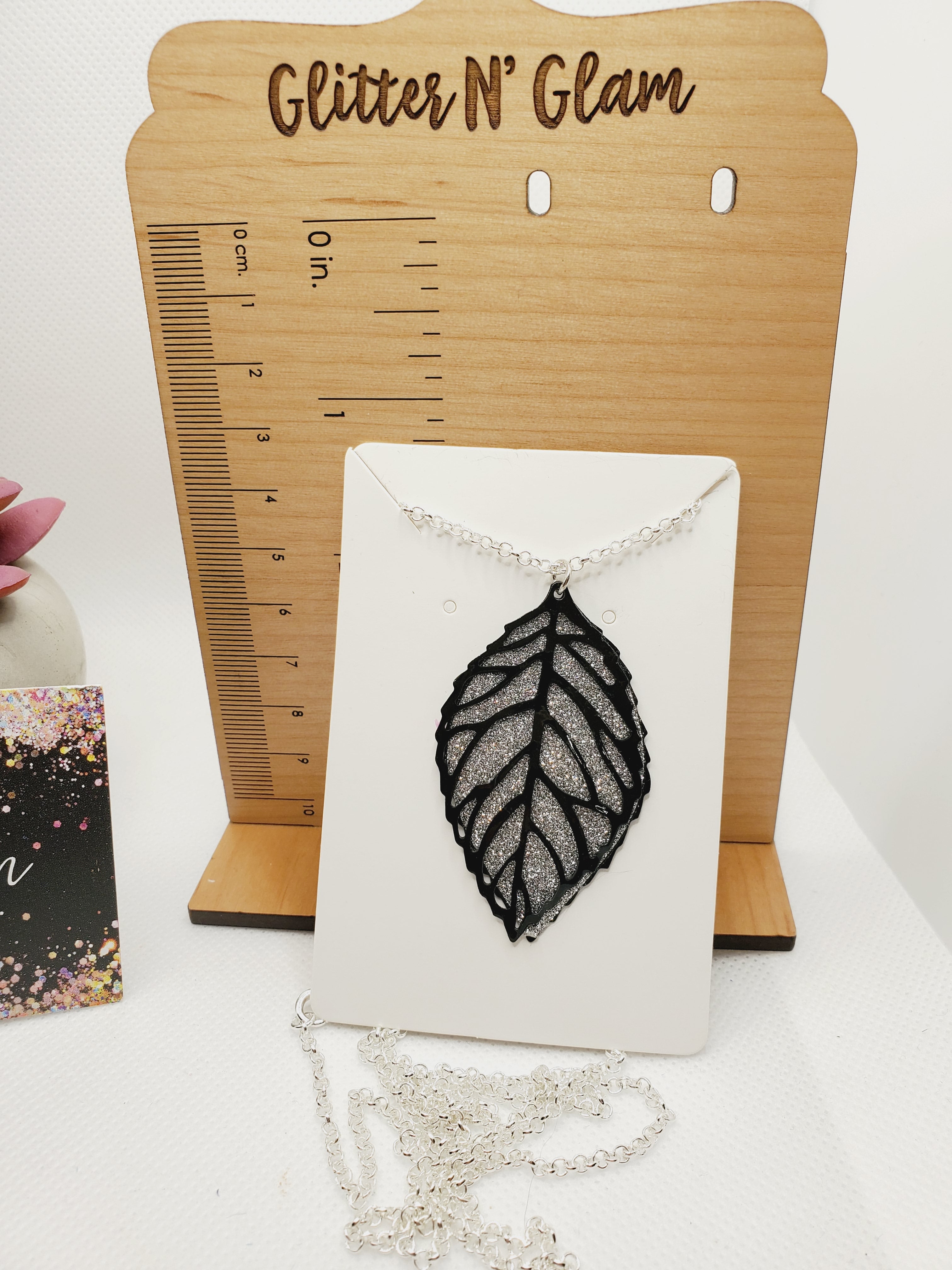 553 Black and Sparkly Silver Leaf Long Statement Necklace
